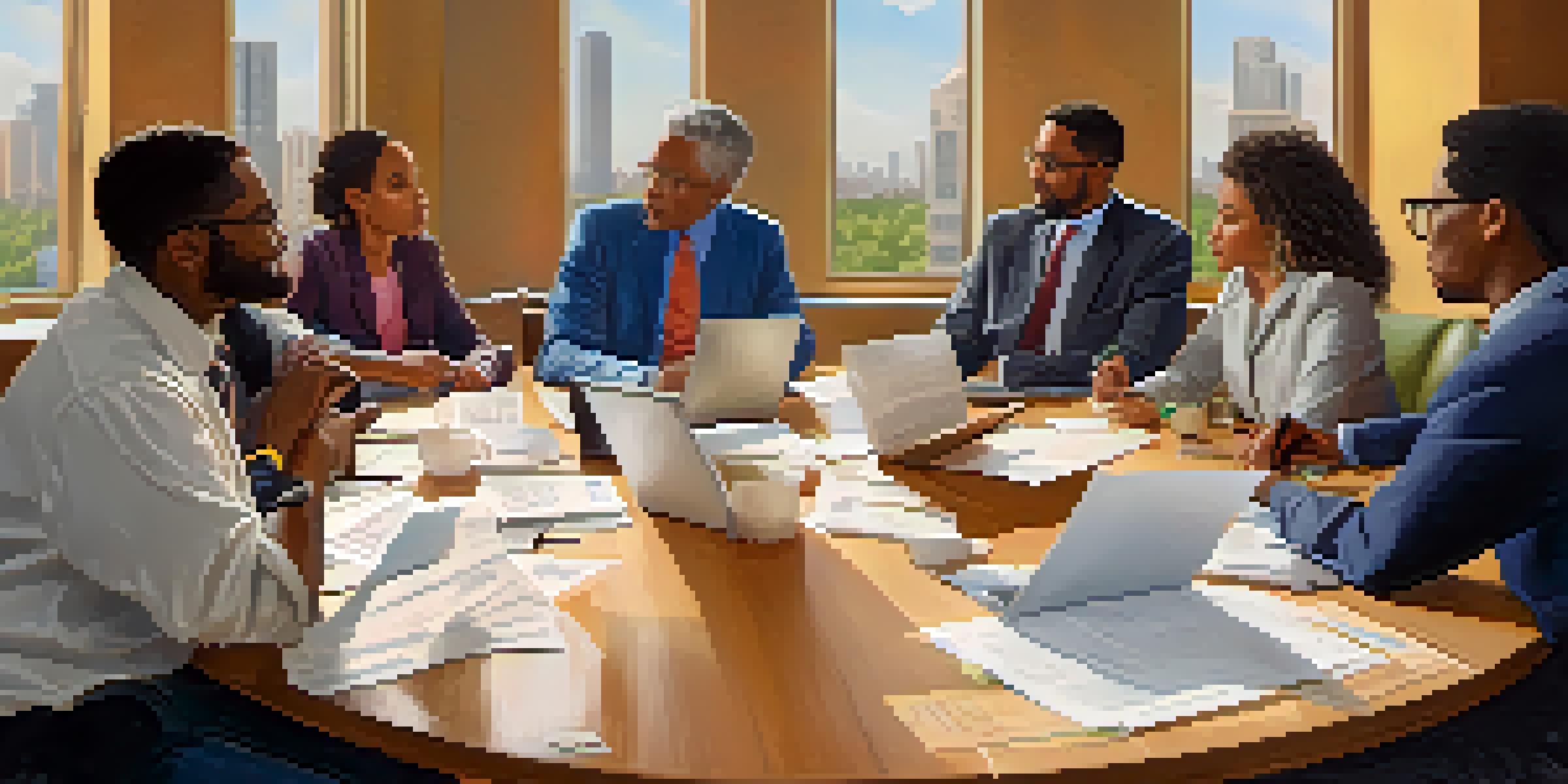 A diverse group of community board members discussing around a round table in a bright meeting room with papers and coffee cups.