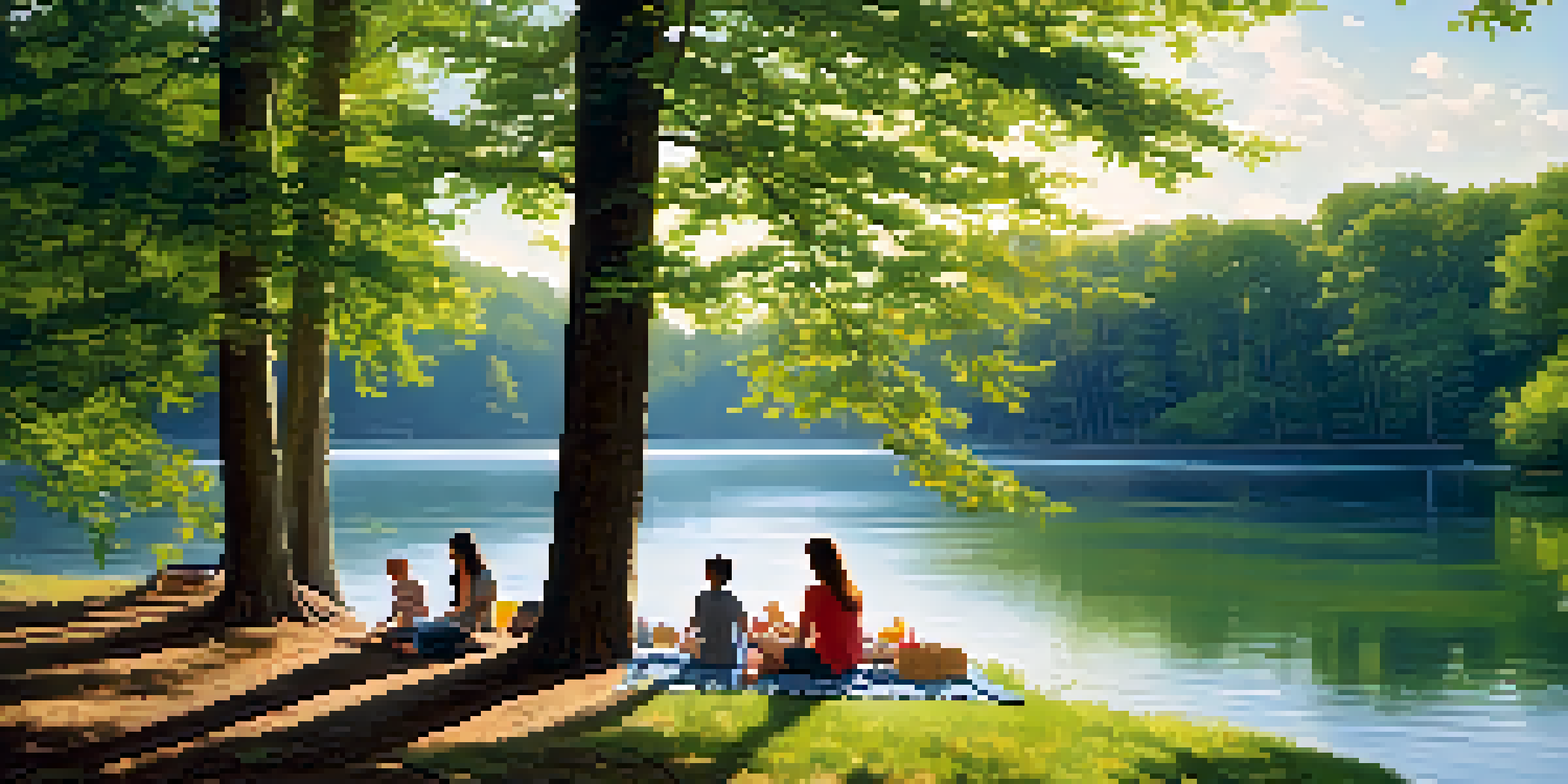 A family picnicking by a tranquil lake in a lush park, with sunlight filtering through the trees.