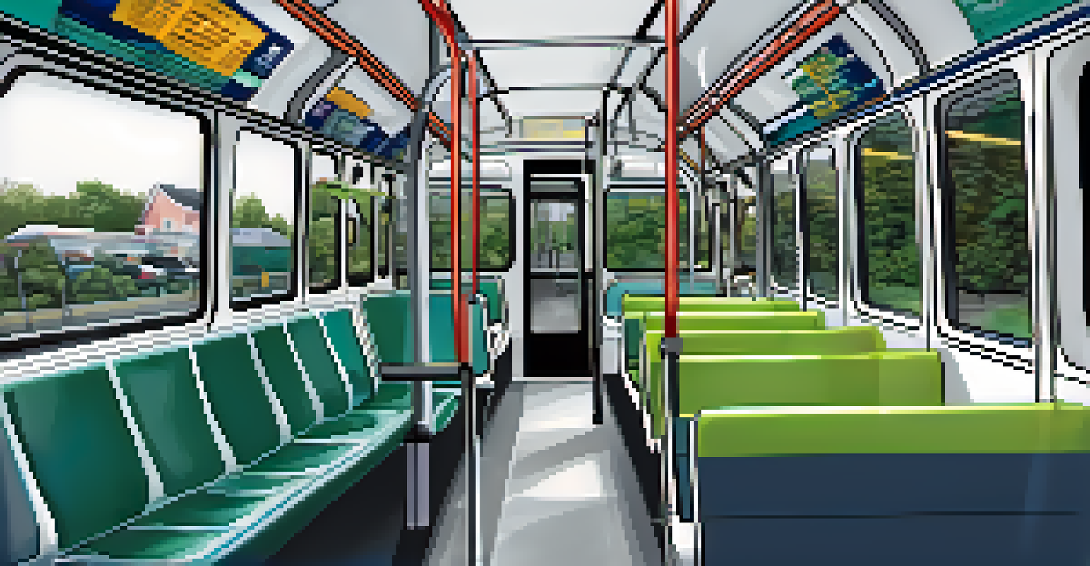 The interior of a Raleigh public transit bus, showcasing accessible seating and technology displays, with a diverse group of passengers inside.