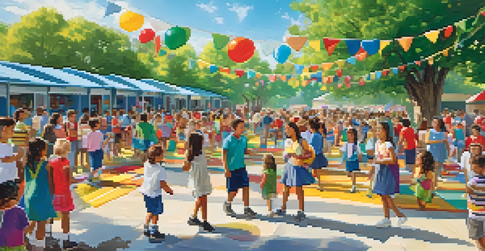 A lively school event with parents and children participating in fun activities, surrounded by colorful decorations and a bright sunny day.