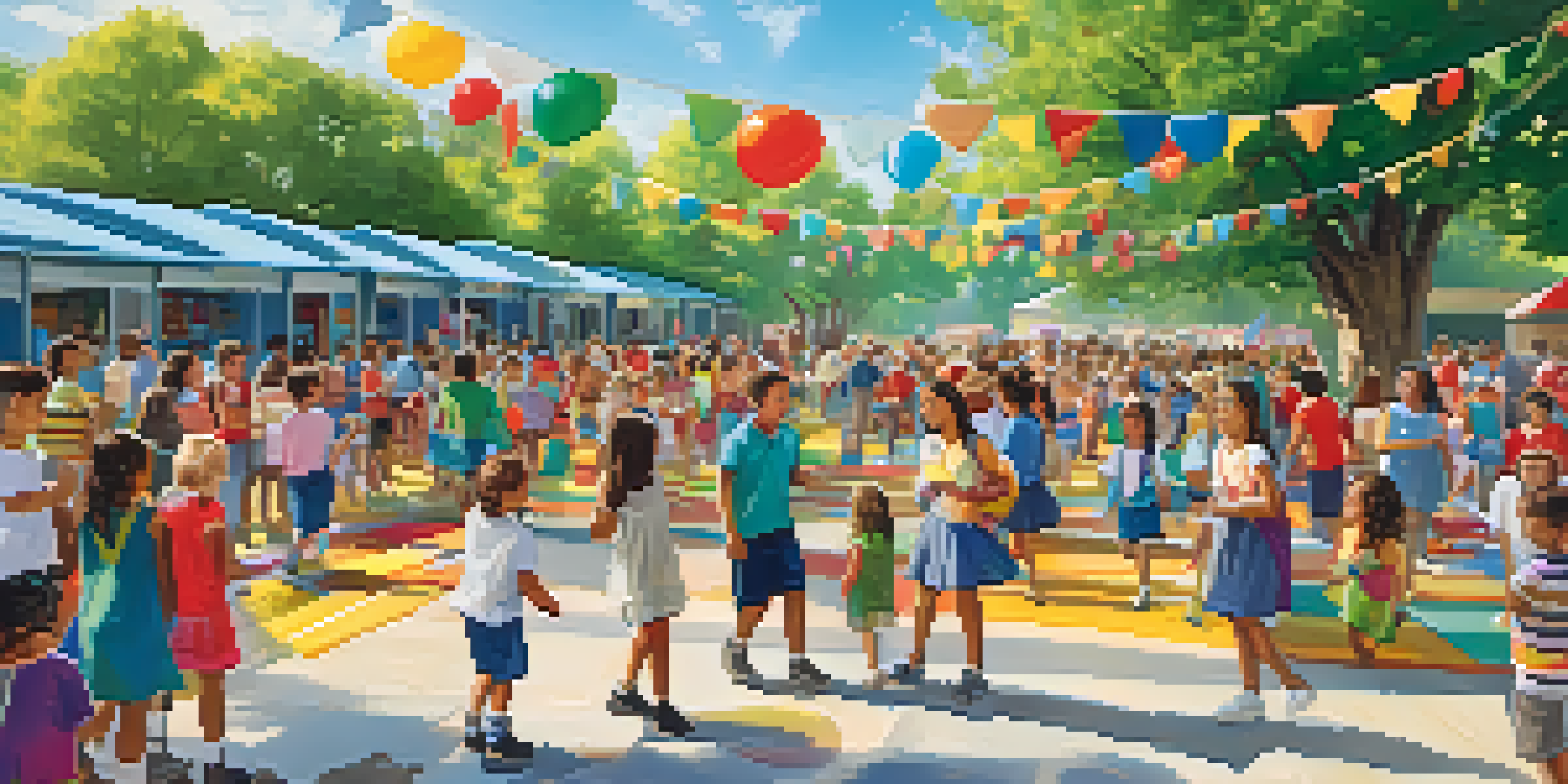 A lively school event with parents and children participating in fun activities, surrounded by colorful decorations and a bright sunny day.