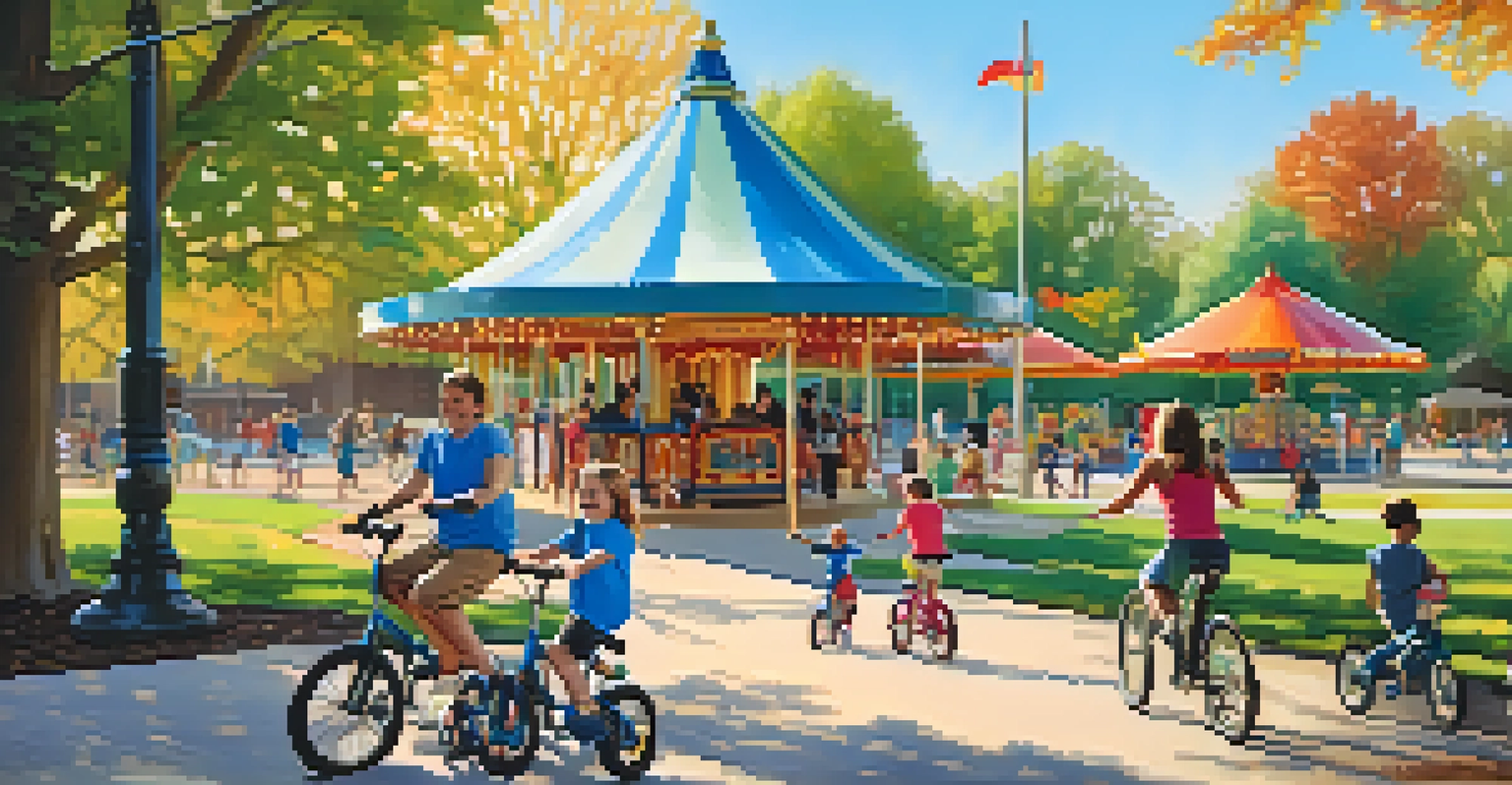 Families enjoying a day at Pullen Park Trail with children biking, playgrounds in the background, and a sunny atmosphere.