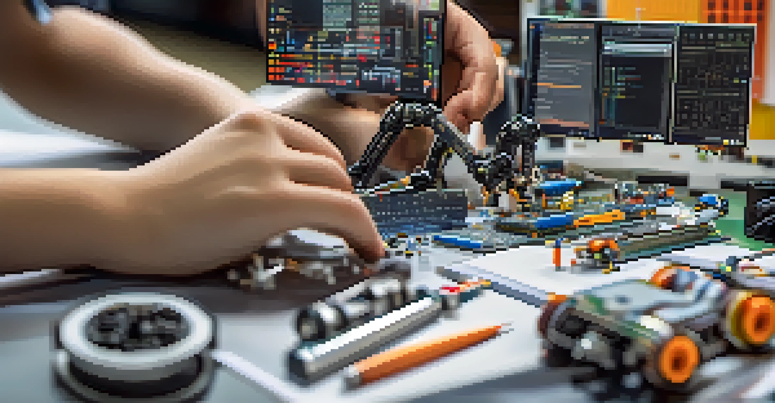 A student's hands working on a robotics project, surrounded by tools and coding software in a modern classroom setting.