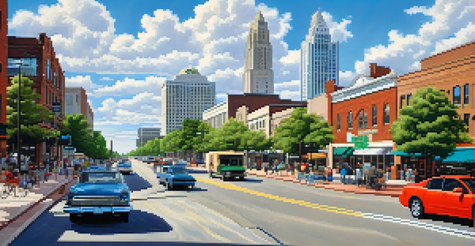 A wide view of downtown Raleigh with modern and historical buildings, busy streets filled with cars, bicycles, and pedestrians, and green trees lining the sidewalks under a clear blue sky.