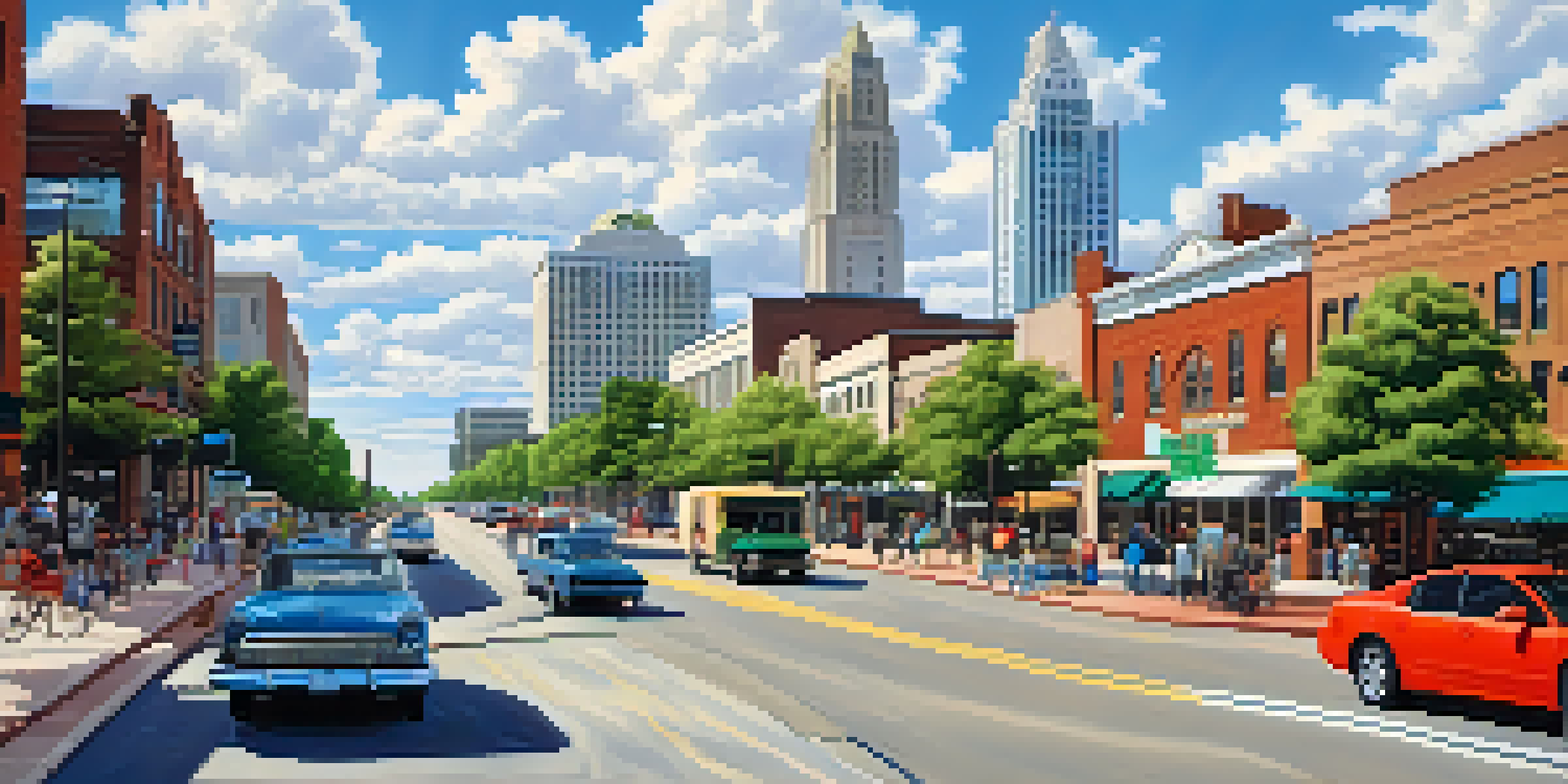 A wide view of downtown Raleigh with modern and historical buildings, busy streets filled with cars, bicycles, and pedestrians, and green trees lining the sidewalks under a clear blue sky.