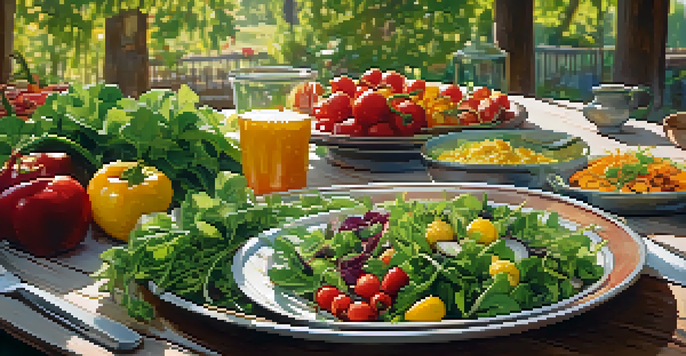 A colorful salad made from fresh vegetables, displayed on a rustic wooden table in an outdoor setting, surrounded by greenery and warm sunlight.