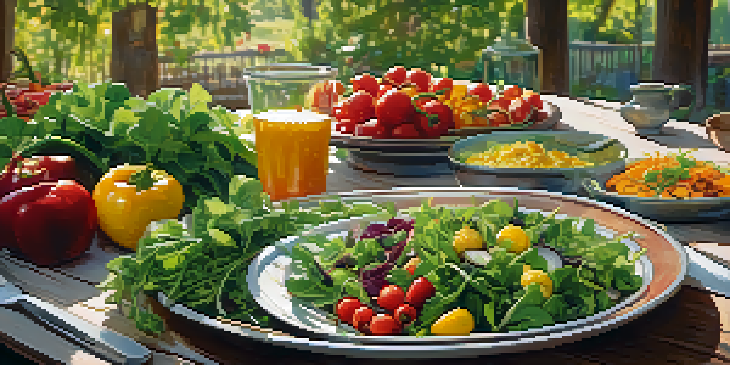 A colorful salad made from fresh vegetables, displayed on a rustic wooden table in an outdoor setting, surrounded by greenery and warm sunlight.
