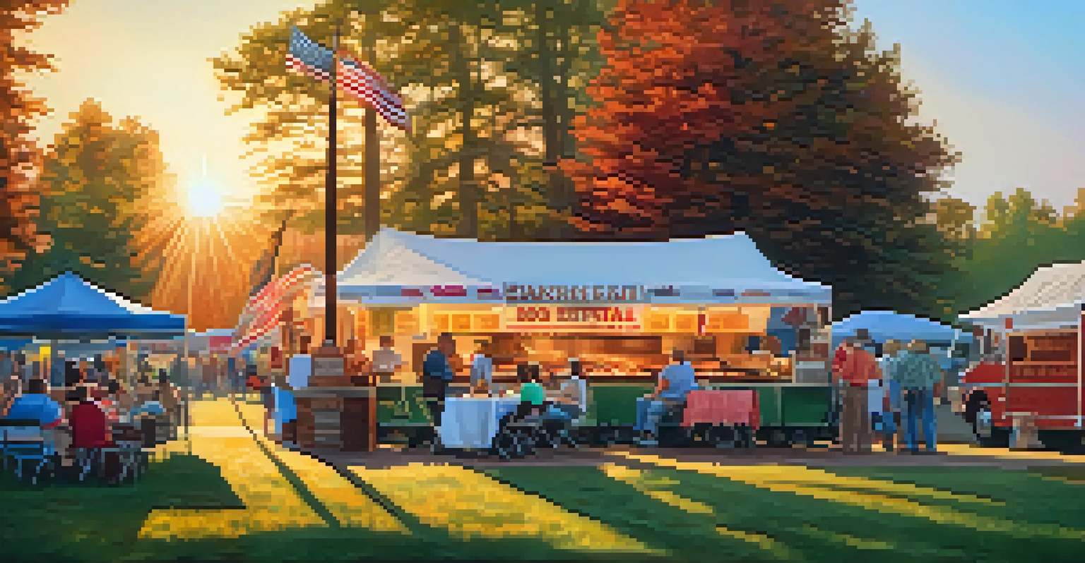 A bustling BBQ festival with food trucks serving delicious barbecue dishes under a warm sunset.