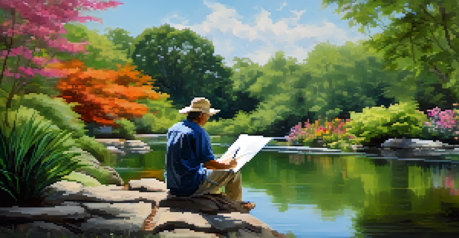 An artist sketching colorful flowers at the North Carolina Botanical Garden, surrounded by lush plants and a tranquil atmosphere.