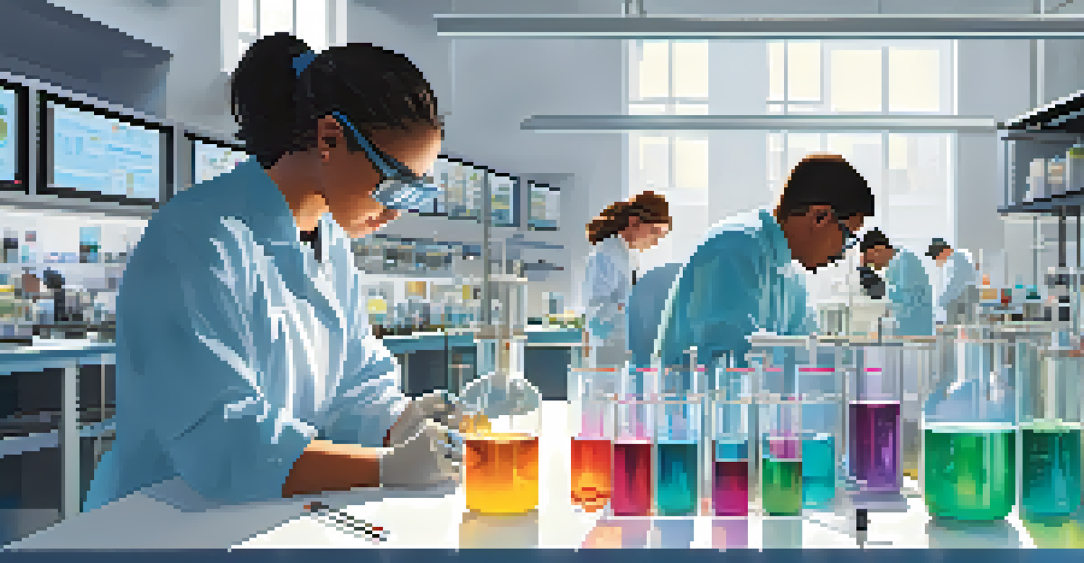 A research lab with students conducting experiments and using advanced technology in a university setting.