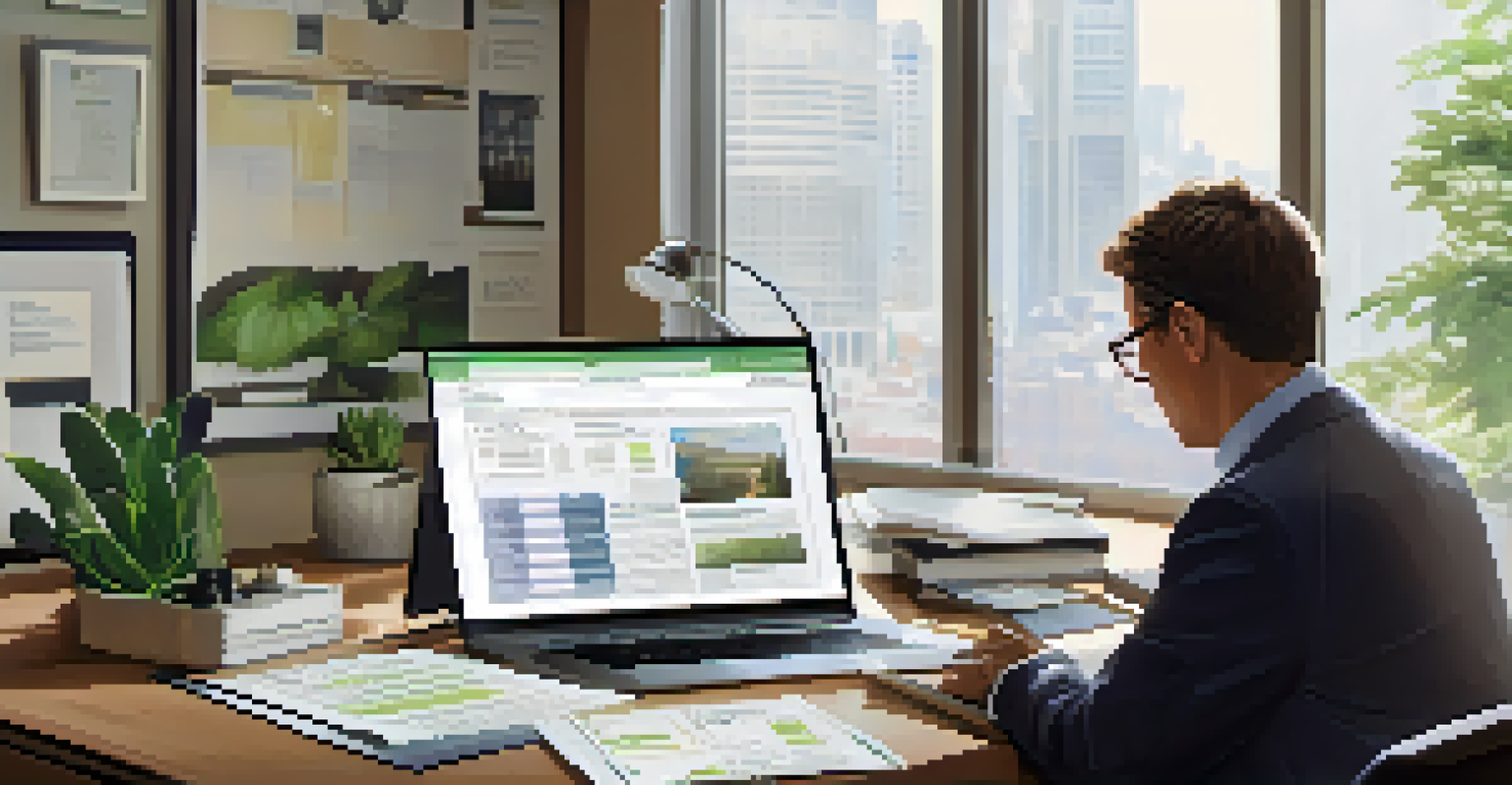 A council member at their desk reviewing a city budget document with a laptop and personal items around.