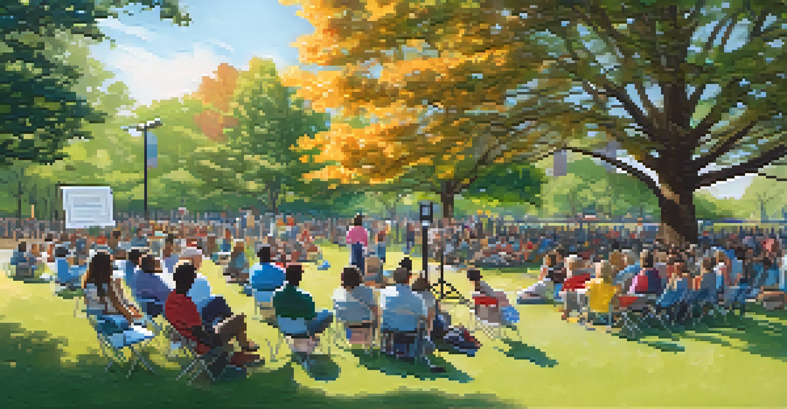 A community forum in a Raleigh park with residents listening to a city official at a podium, children playing in the background, and colorful banners hanging from trees.