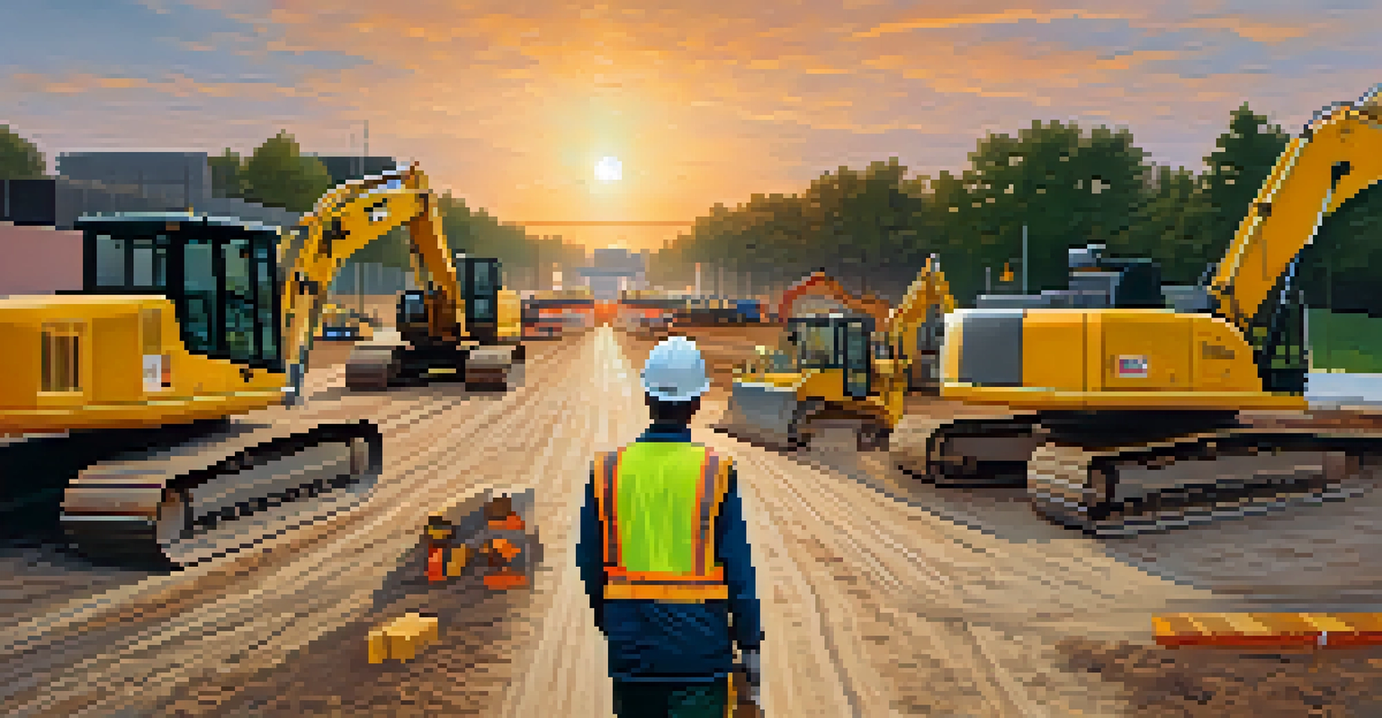Construction site showing workers in helmets and vests, heavy machinery, and colorful construction signs during sunset, indicating road expansion in Raleigh.