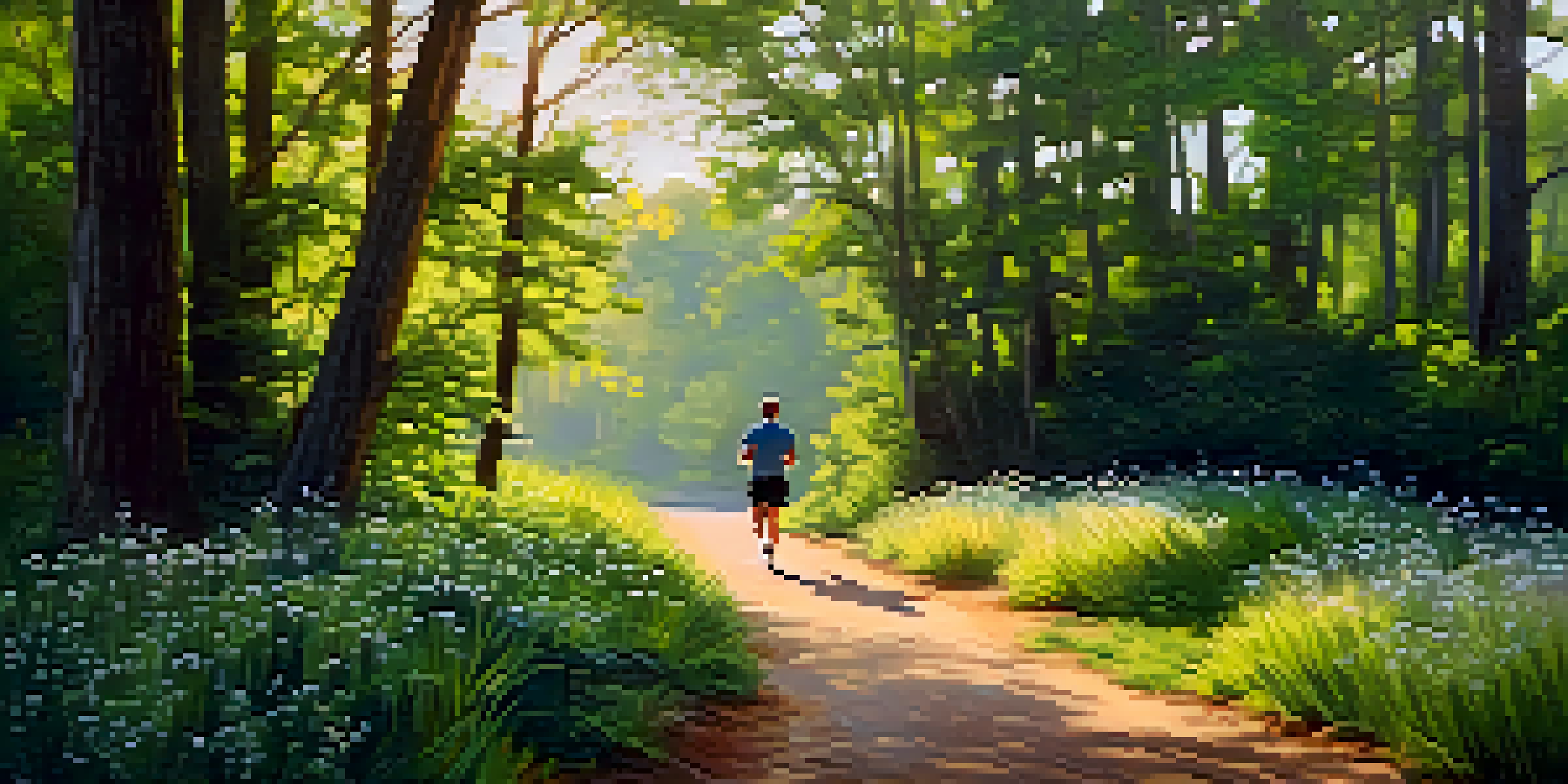 A jogger running on the Neuse River Trail in Raleigh, surrounded by greenery and wildflowers, with morning light filtering through the trees.