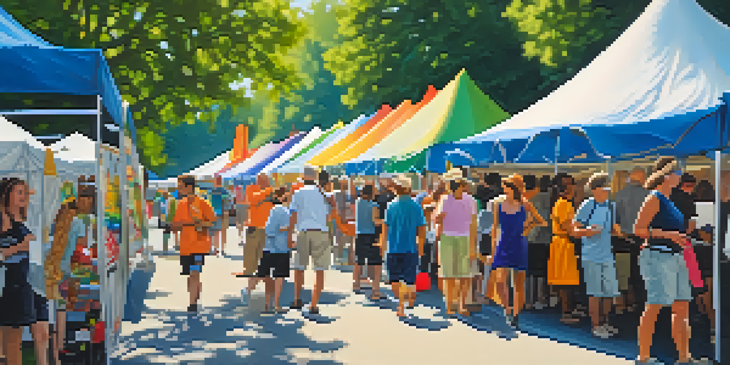 A lively outdoor arts festival in North Carolina with colorful tents and various artworks on display, attended by people of all ages.
