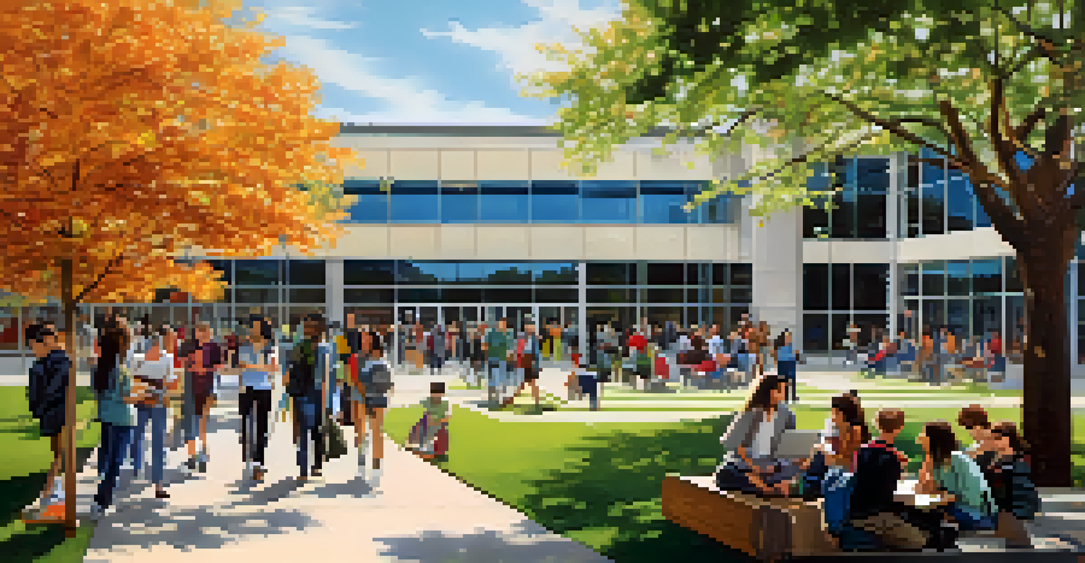 A busy community college campus with students of different backgrounds interacting and attending classes in a vibrant environment.
