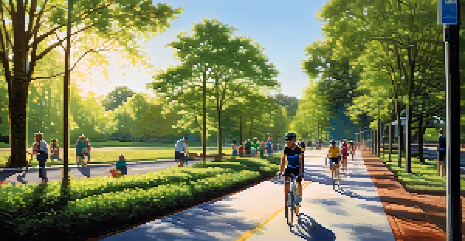 A picturesque bike path in Raleigh with cyclists and pedestrians surrounded by greenery, illuminated by bright sunlight.