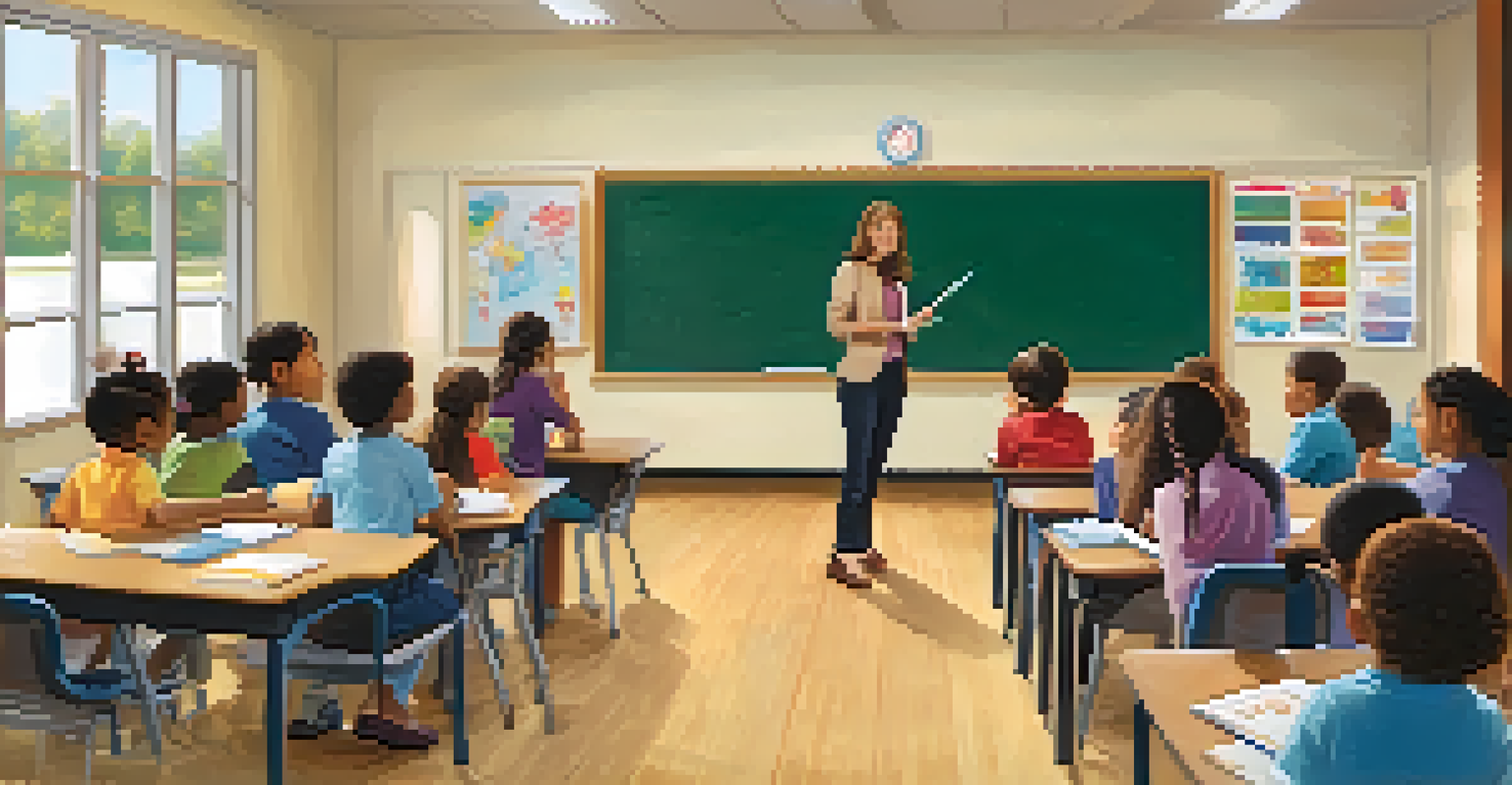 A classroom scene with a teacher and parents in discussion, surrounded by educational materials and student artwork, illuminated by soft natural light.