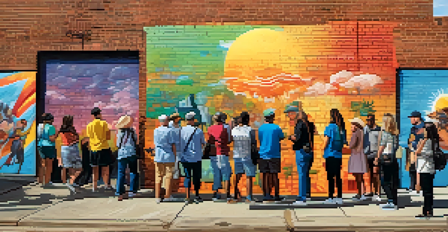 A group of people on an art walking tour in Raleigh, admiring colorful murals and engaging with local artists in a vibrant neighborhood.