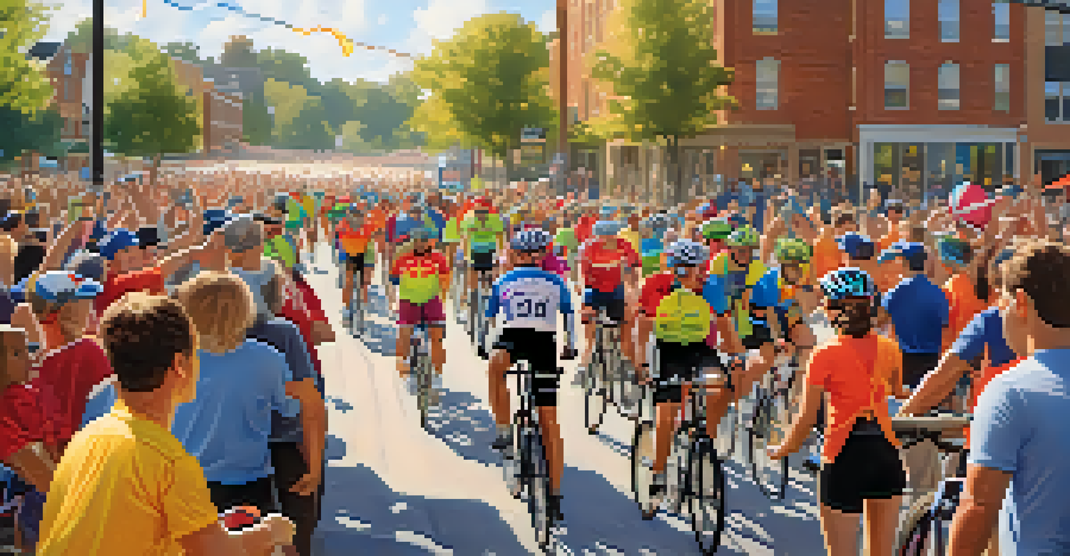 A lively cycling event in Raleigh with participants in colorful jerseys and cheering spectators under a sunset.