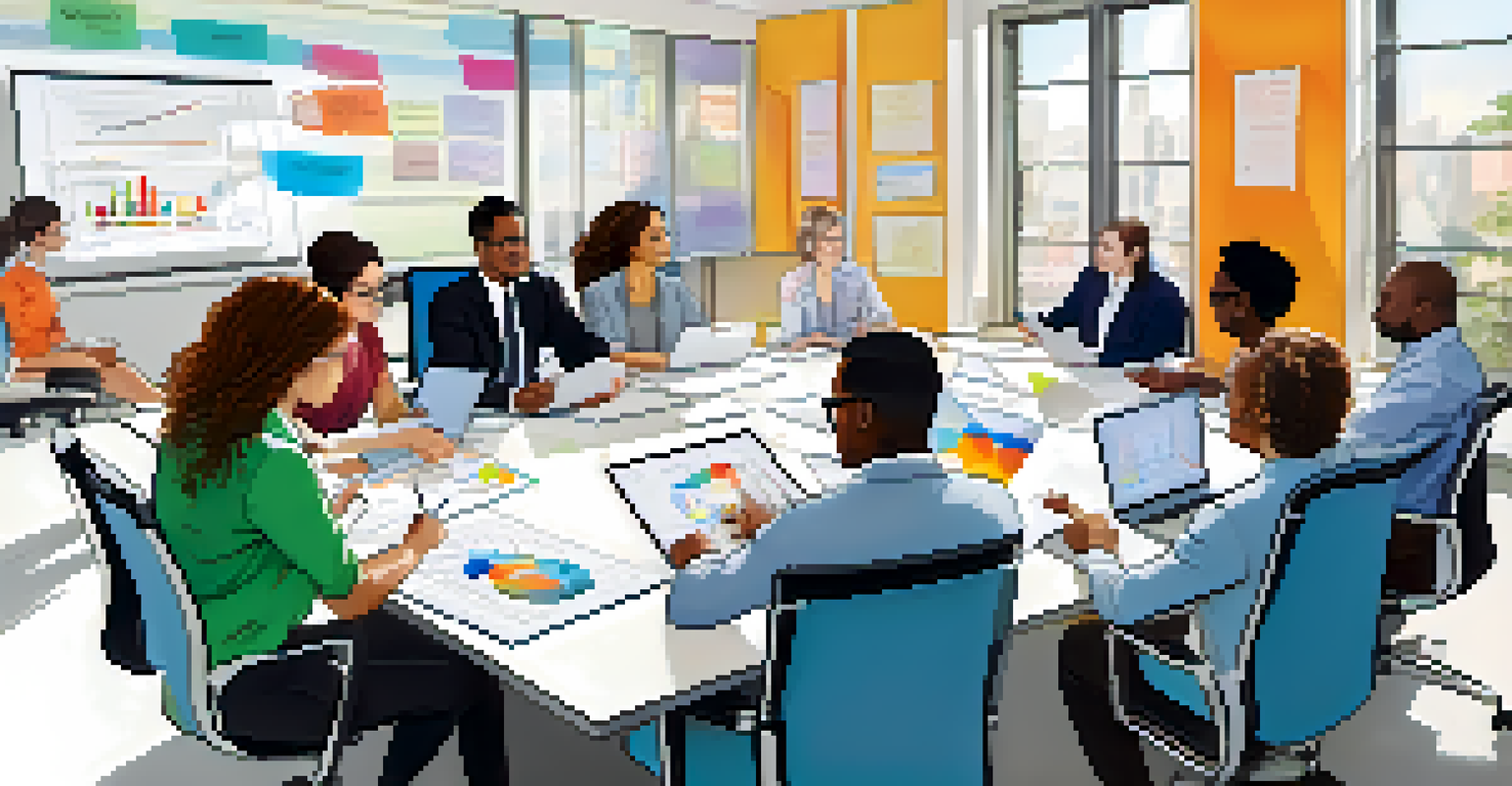 A diverse group of professionals in a modern office collaborating during a meeting, with natural light and a whiteboard in the background.