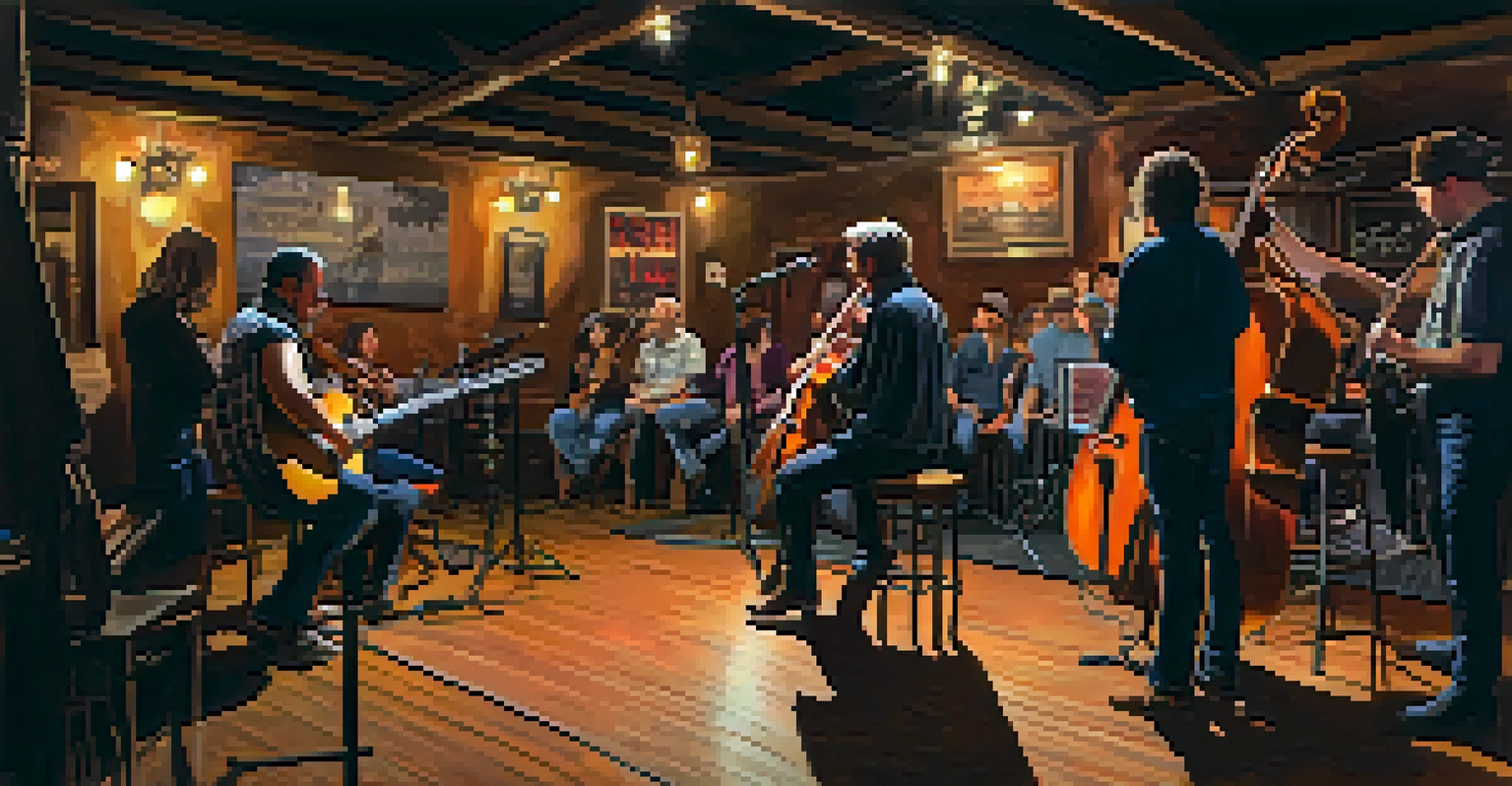 A close-up view of a local band performing in a cozy music hall, with audience members enjoying the intimate atmosphere and warm lighting.