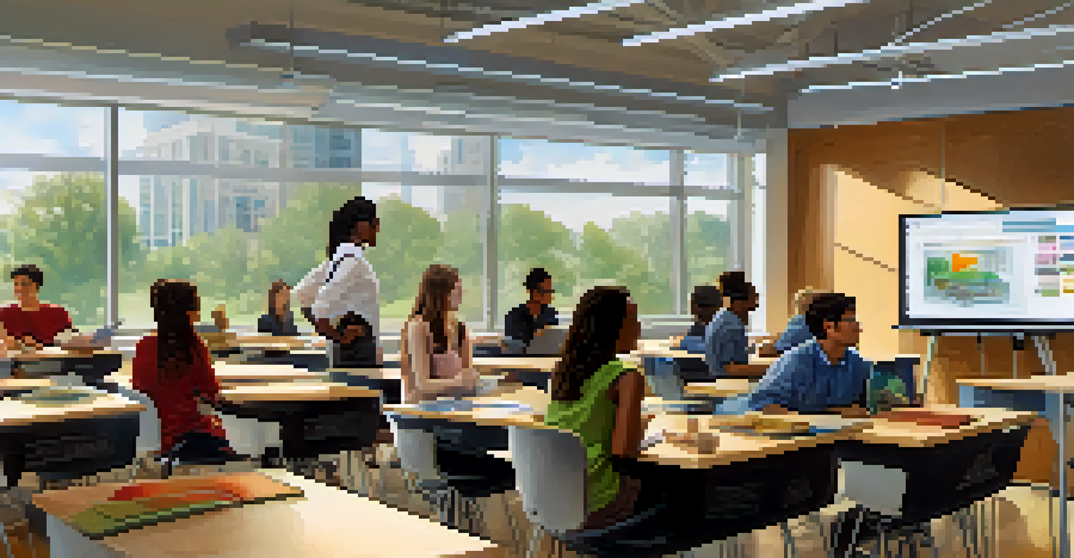A vibrant classroom scene at North Carolina State University with engaged students discussing and using modern technology in a bright setting.