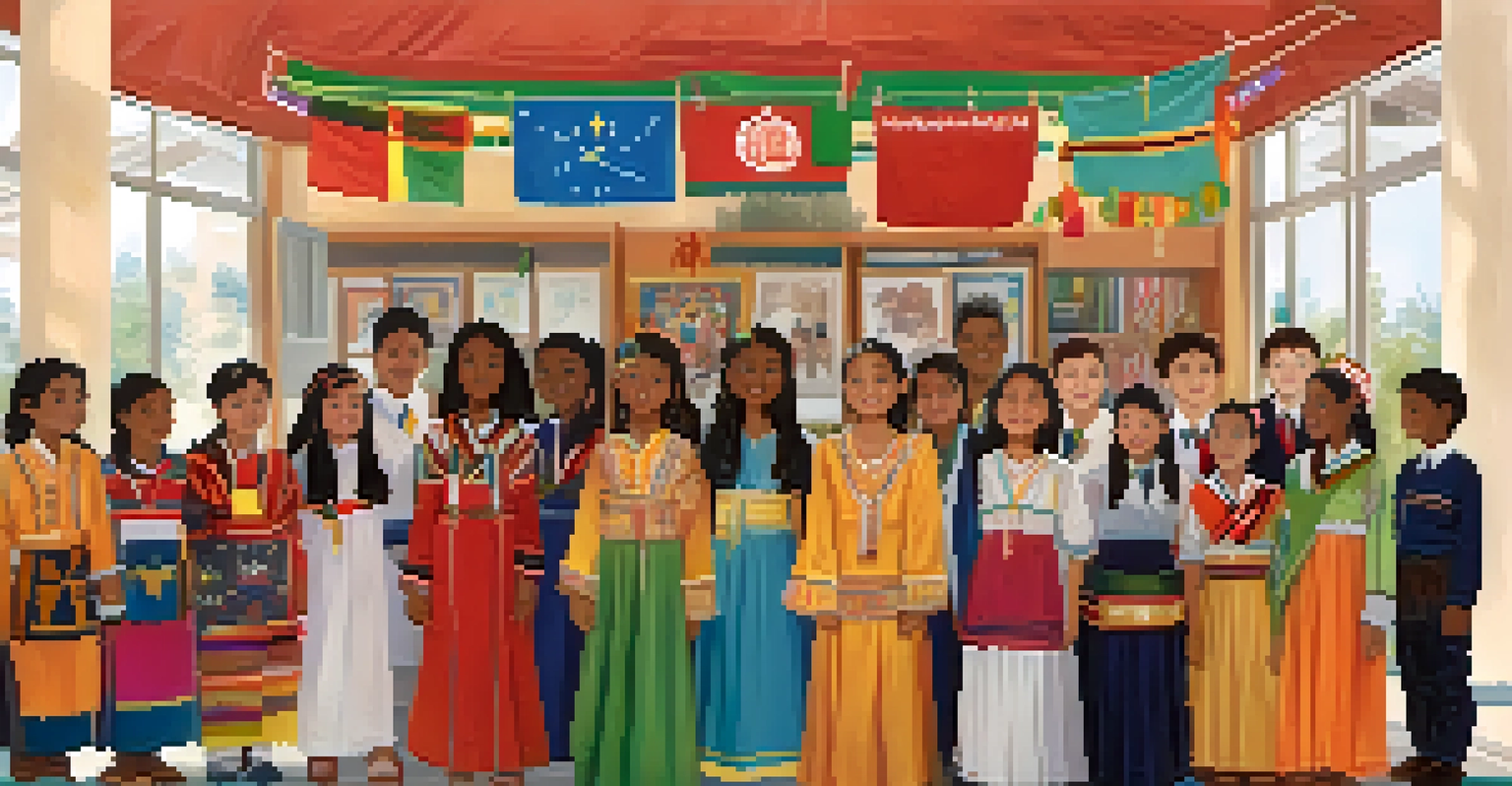 Students in traditional clothing celebrating a cultural fair at school, surrounded by decorations and banners representing different cultures.