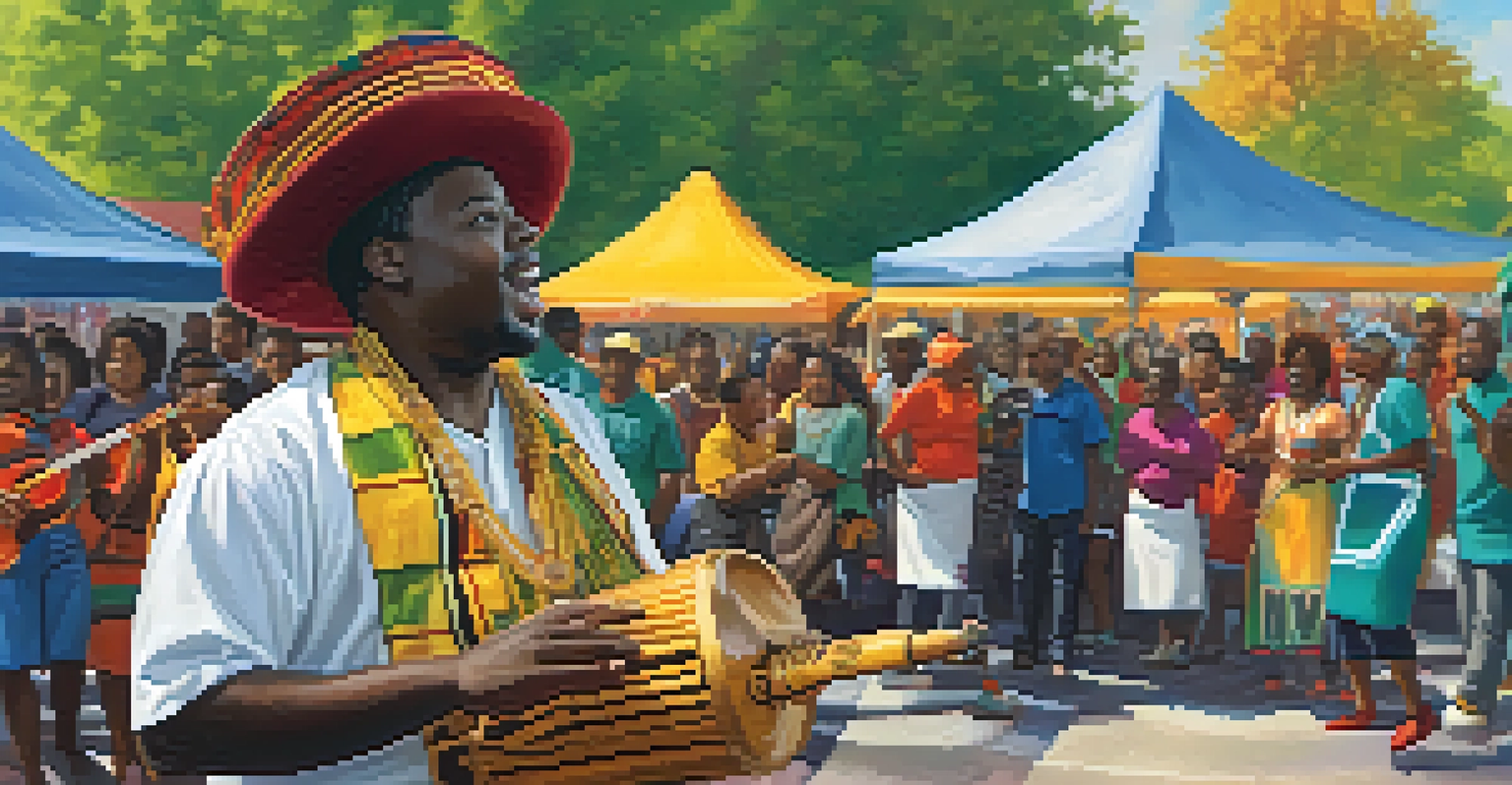 A local musician performing at the African American Cultural Festival, with an engaged audience and colorful food vendors in a lively setting.