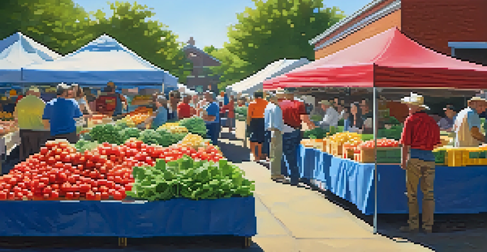 A bustling farmer's market in Raleigh filled with colorful fresh produce and local farmers interacting with customers under a clear blue sky.