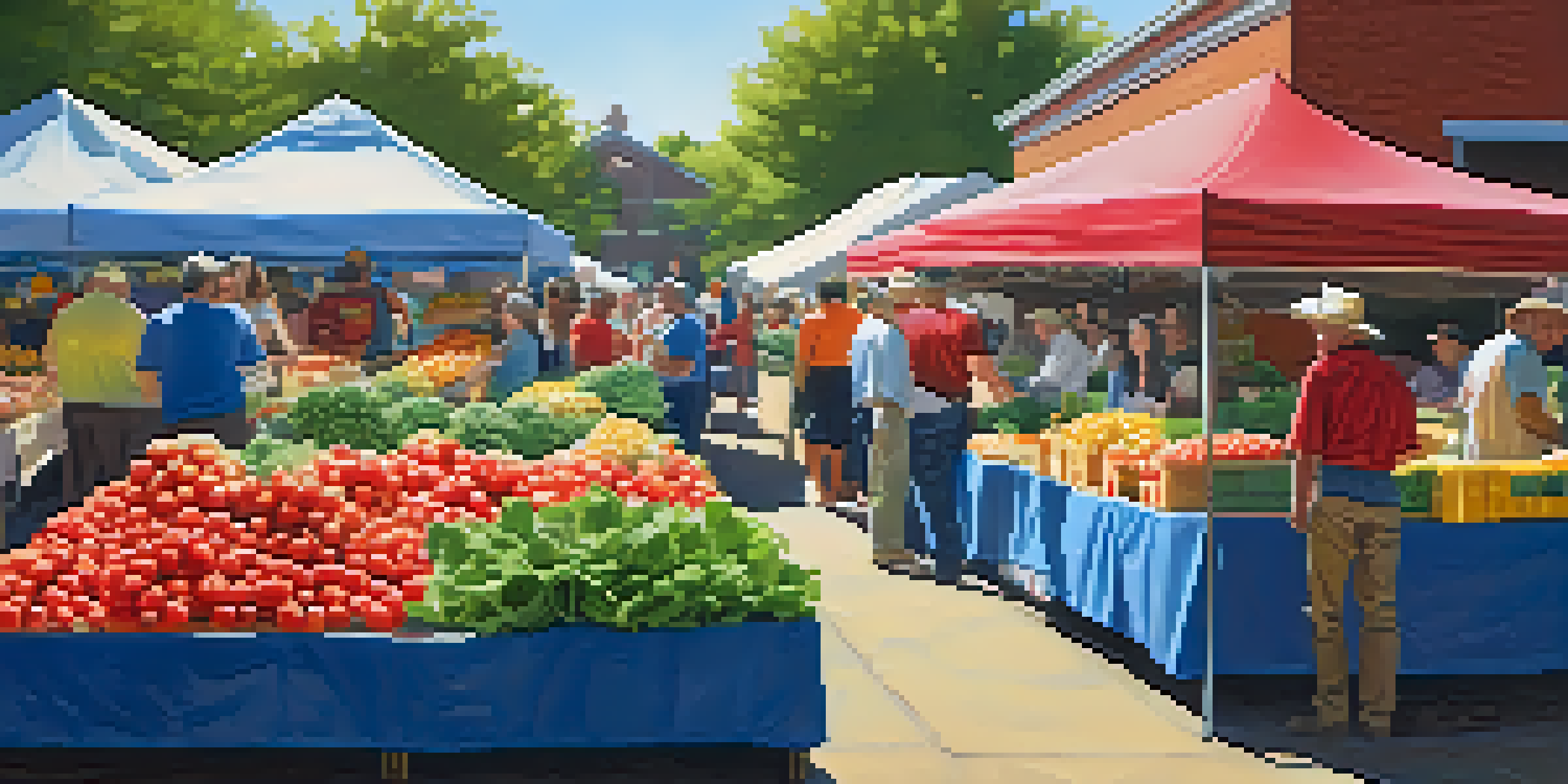 A bustling farmer's market in Raleigh filled with colorful fresh produce and local farmers interacting with customers under a clear blue sky.