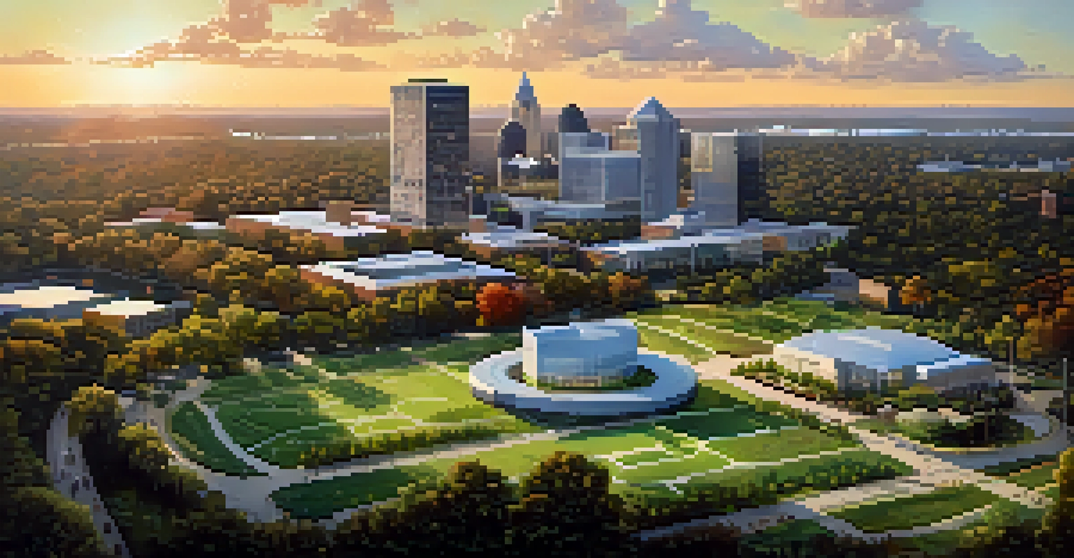Aerial view of Raleigh's Research Triangle featuring parks, tech campuses, and residential neighborhoods during sunset.