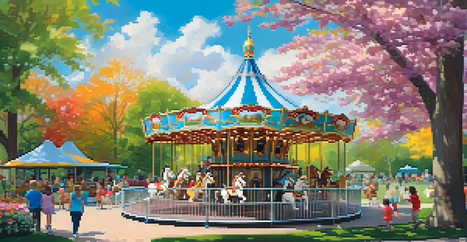 Children enjoying a colorful carousel in a vibrant park with blooming gardens.