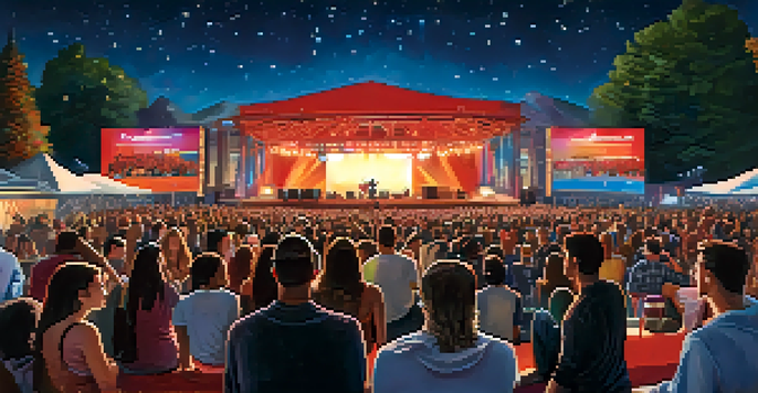A lively outdoor concert with a crowd enjoying music under the stars, colorful lights on the stage, and food trucks in the background.