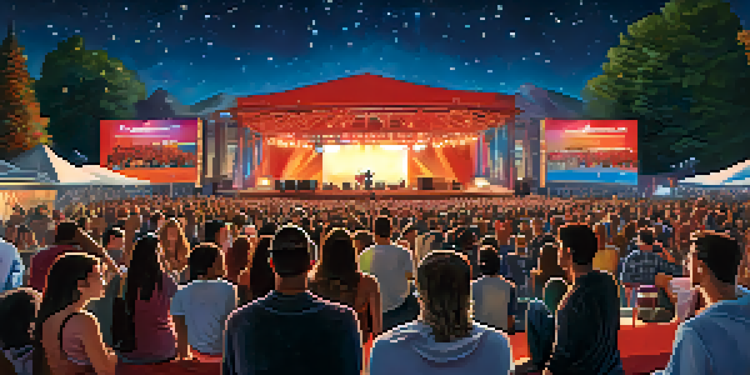 A lively outdoor concert with a crowd enjoying music under the stars, colorful lights on the stage, and food trucks in the background.