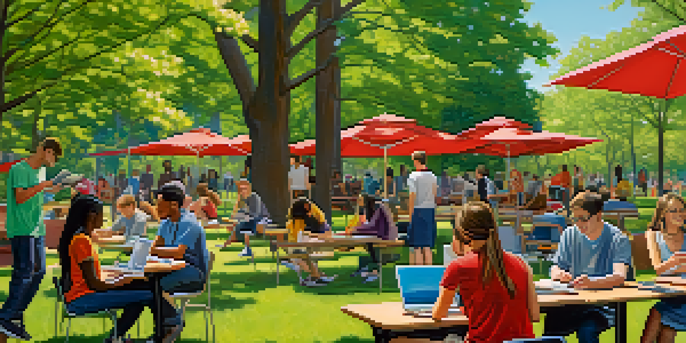 A group of diverse students collaborating on laptops outdoors at a university campus, surrounded by greenery and flowers.