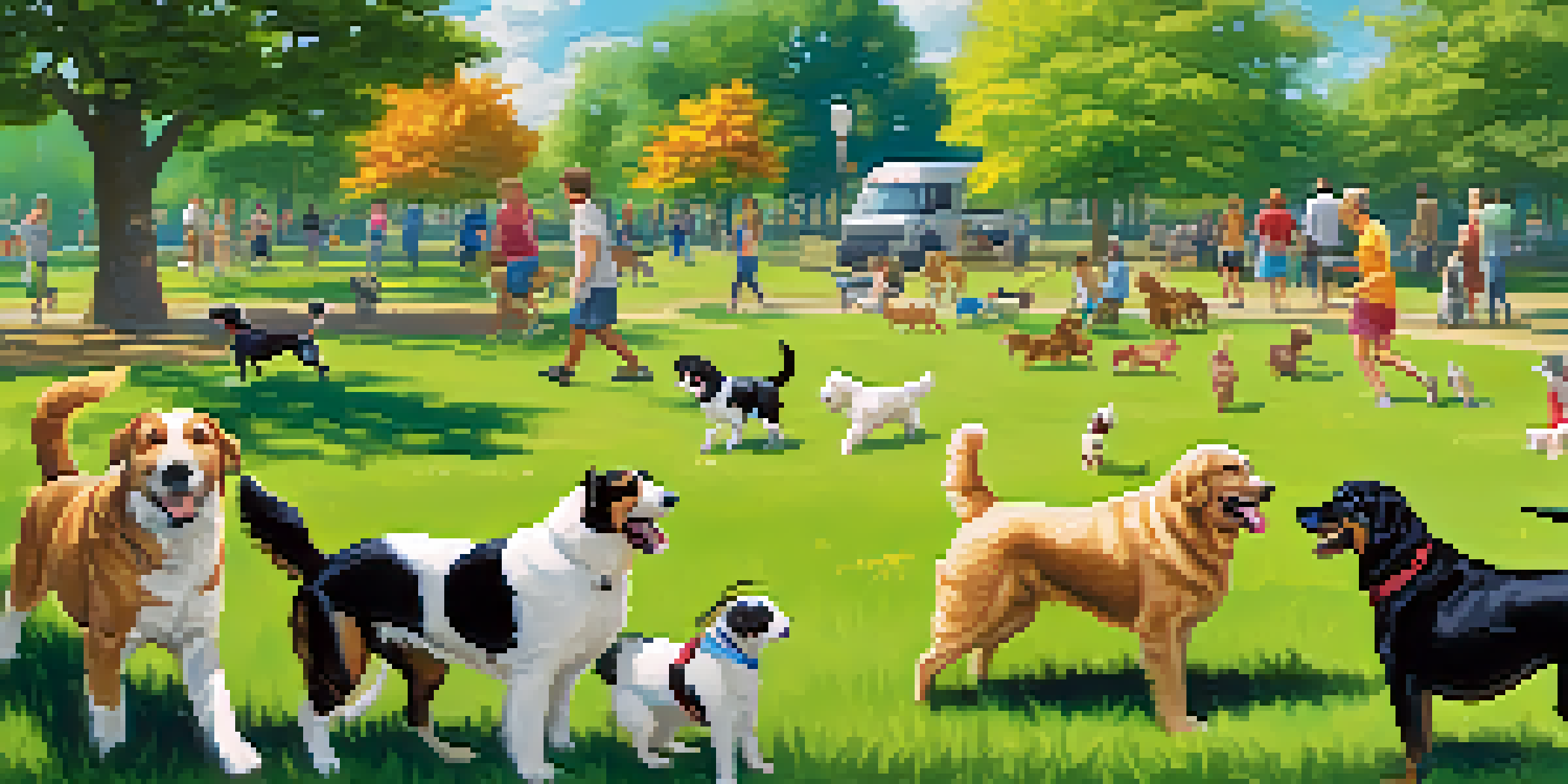 A vibrant dog park filled with dogs of different breeds playing, surrounded by green grass, flowers, and trees, under a clear blue sky.