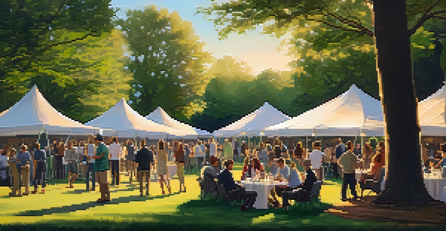 An outdoor networking event in a park, featuring professionals engaging in discussions under tents, with greenery and a warm sunset.