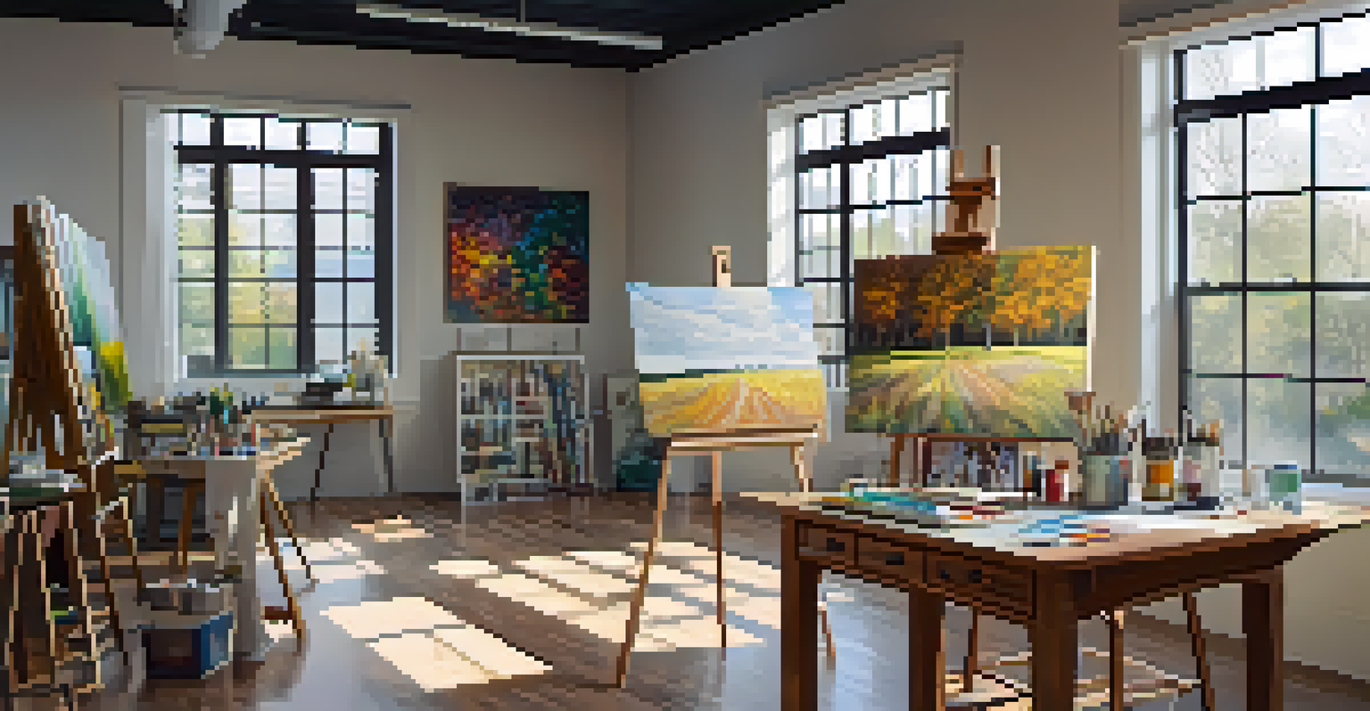 An inviting art studio at Artspace in Raleigh, with emerging artists at work surrounded by art supplies and natural light.
