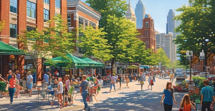 A lively downtown scene in Raleigh, North Carolina, with skyscrapers, parks, and people enjoying the outdoors.