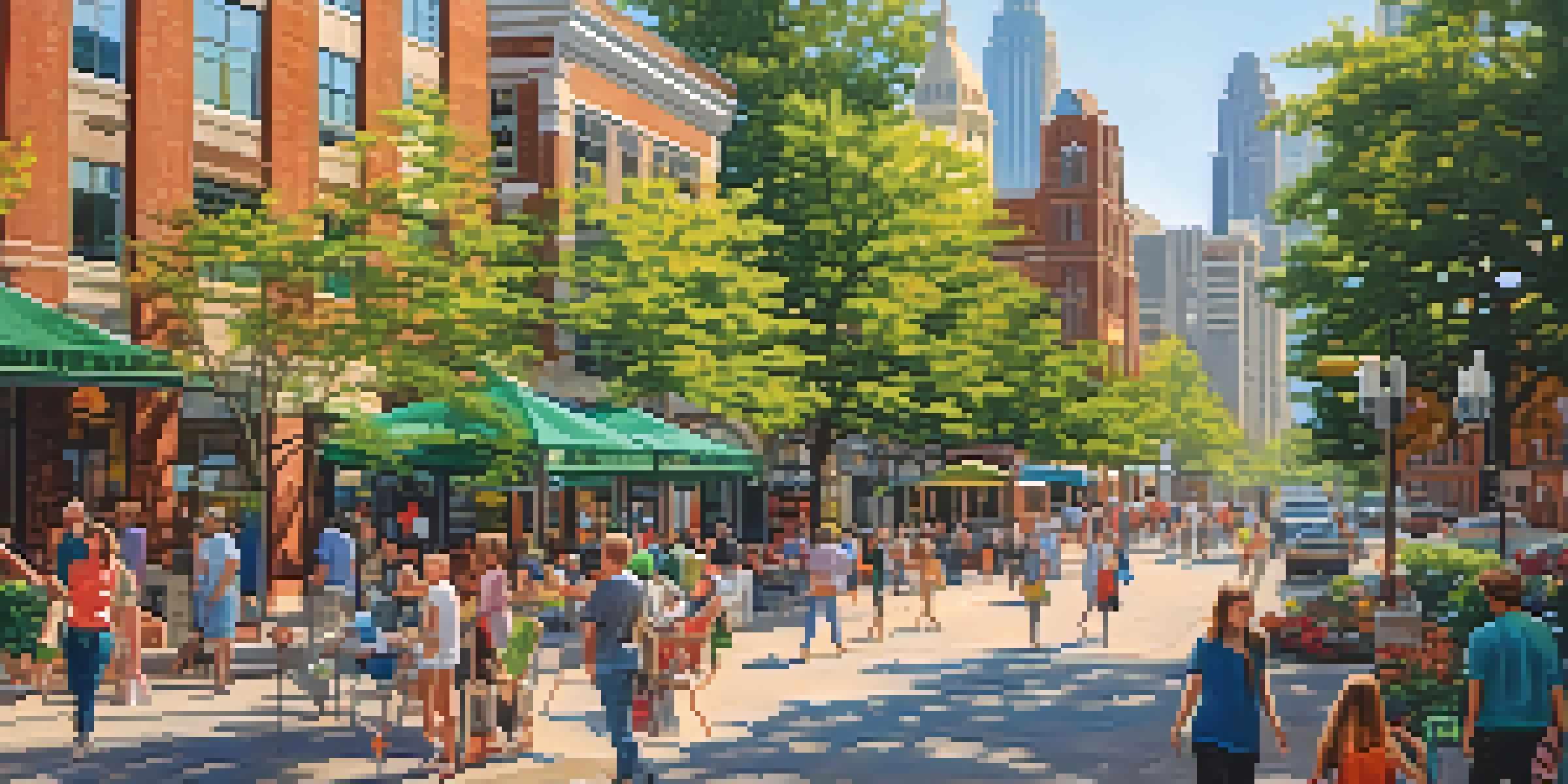 A lively downtown scene in Raleigh, North Carolina, with skyscrapers, parks, and people enjoying the outdoors.