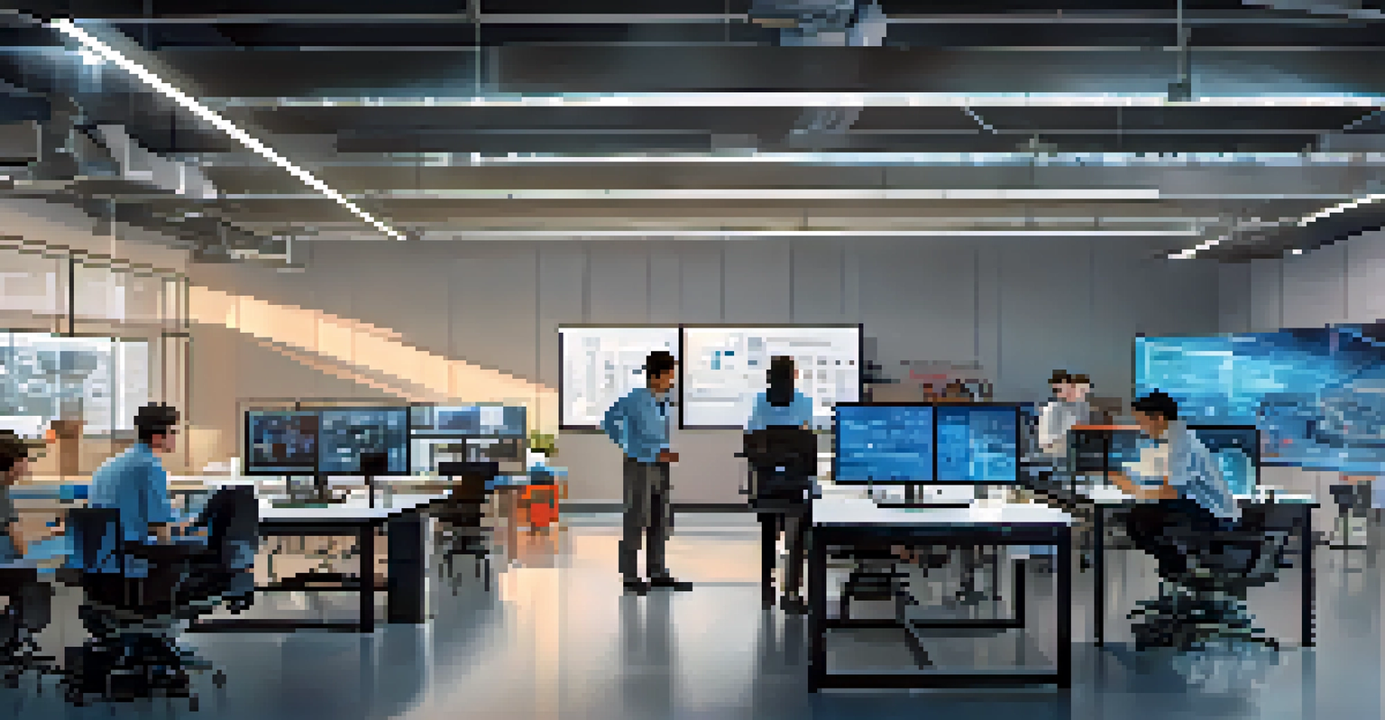 An innovation lab with students and faculty working on robotics and artificial intelligence projects, surrounded by modern technology.