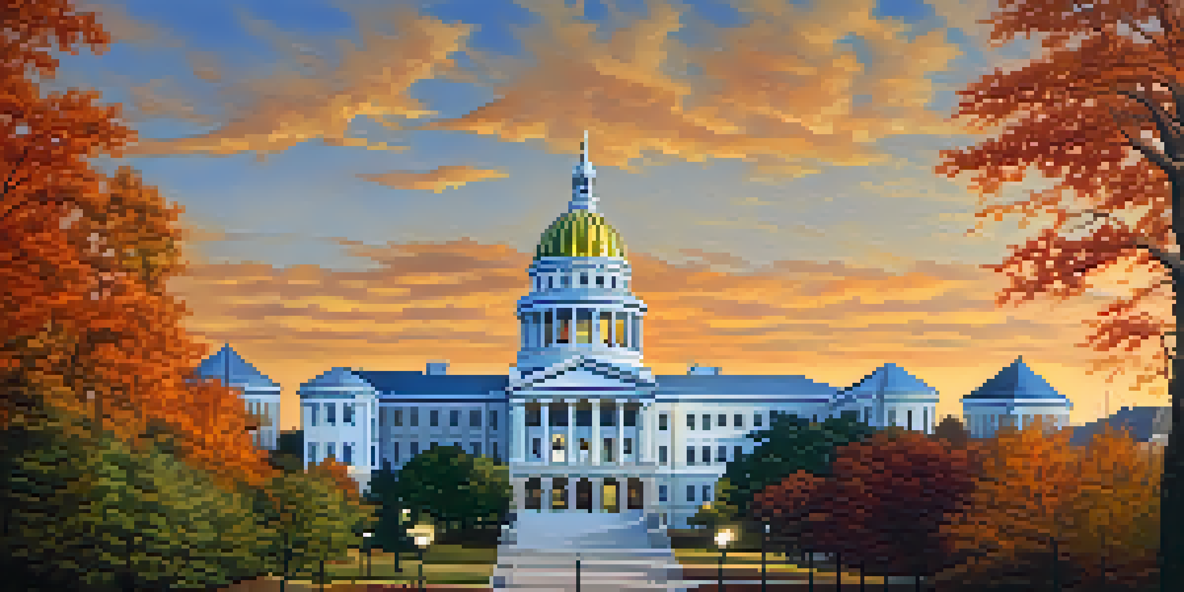 A sunset view of downtown Raleigh featuring the North Carolina State Capitol surrounded by autumn trees.