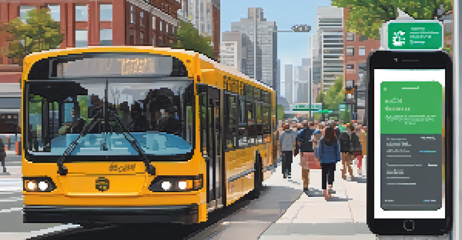 A close-up of a smartphone displaying a transit app, with a busy city street and a bus stop in the background.