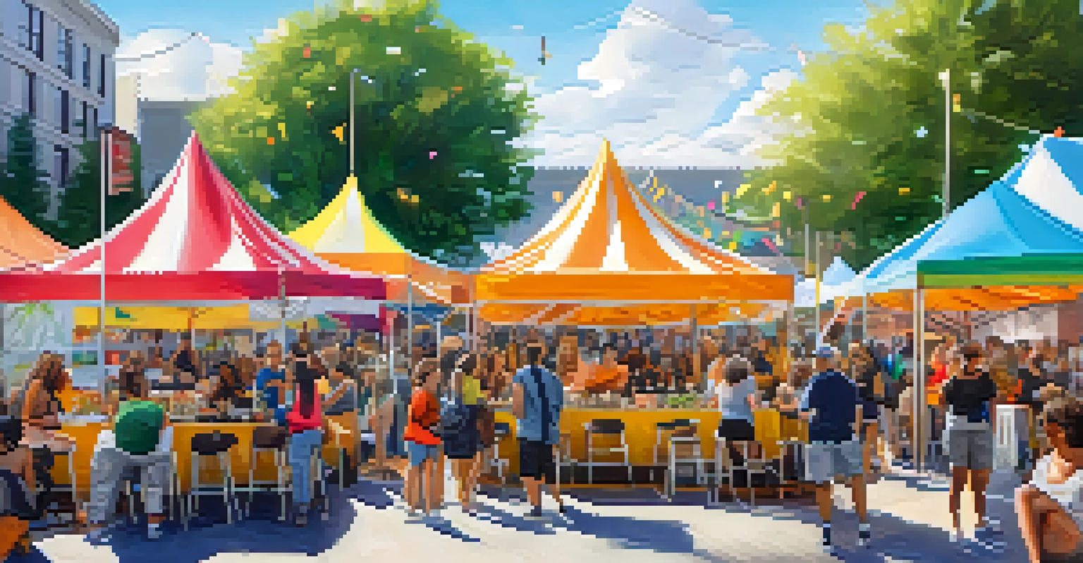 A lively vegan food festival with colorful tents, diverse people tasting food, and a speaker on stage, creating an energetic environment.
