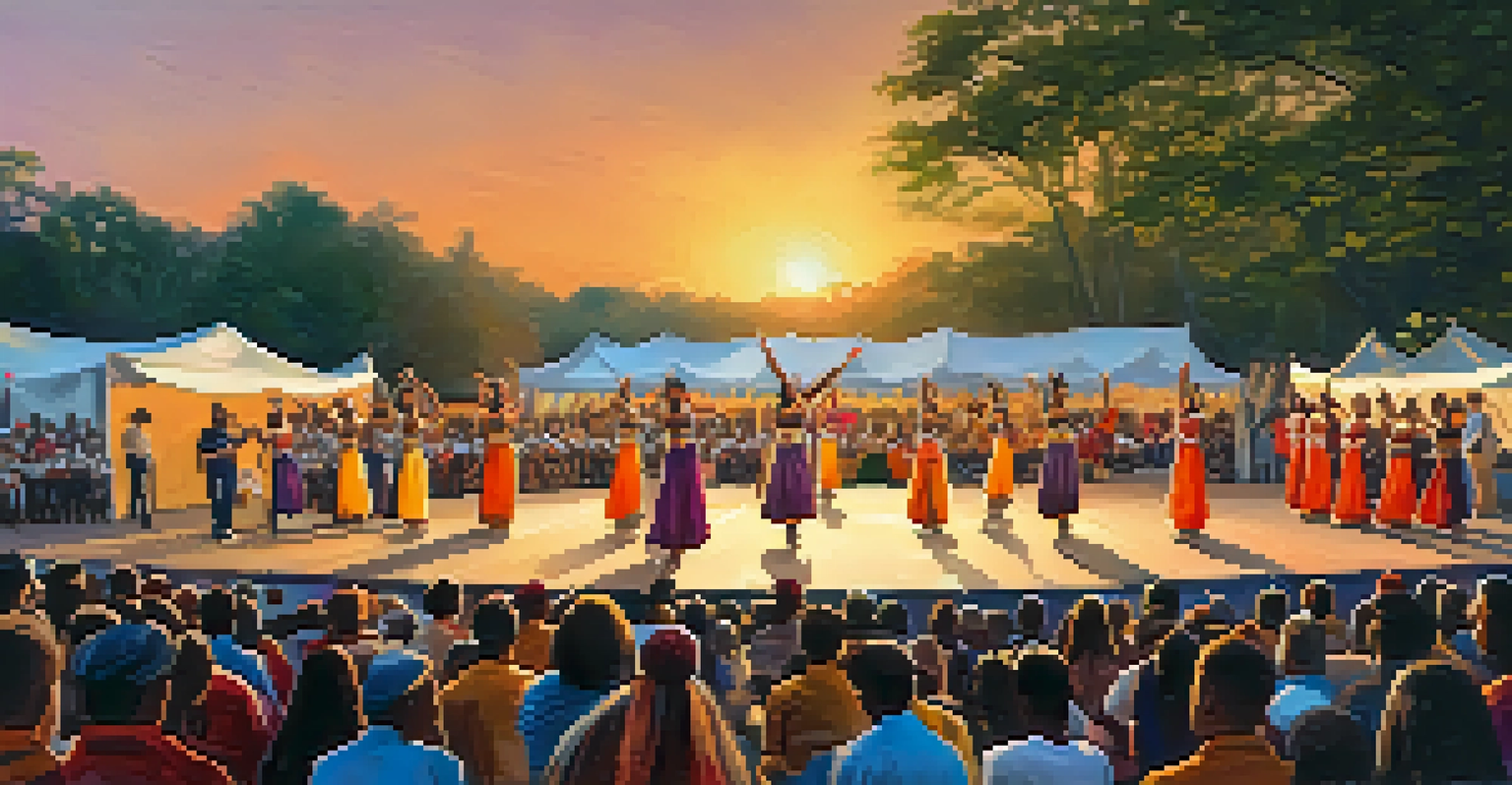 A vibrant outdoor dance performance with dancers in traditional costumes and an engaged audience during sunset.
