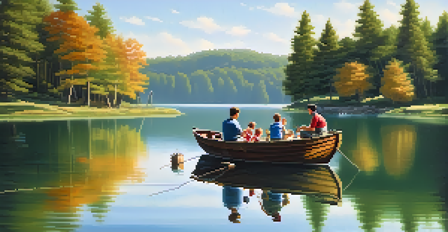 A family fishing together in a boat on a calm lake surrounded by trees and a blue sky.