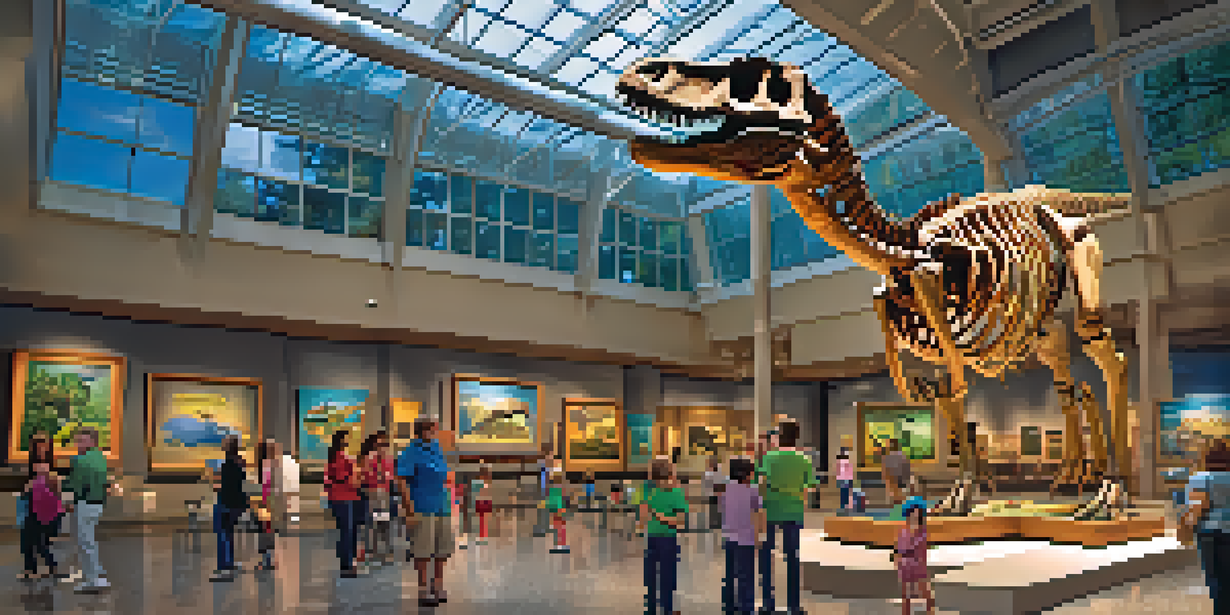 Families exploring the North Carolina Museum of Natural Sciences, with a dinosaur skeleton and live exhibits in a warm, inviting atmosphere.