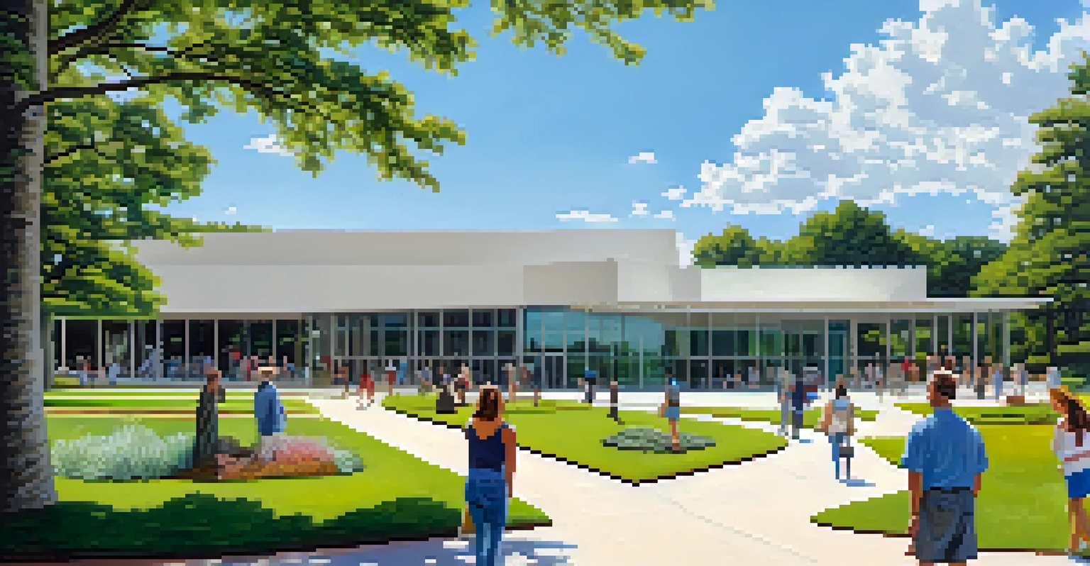 Visitors enjoying the outdoor park of the North Carolina Museum of Art, surrounded by large sculptures and greenery on a sunny day.