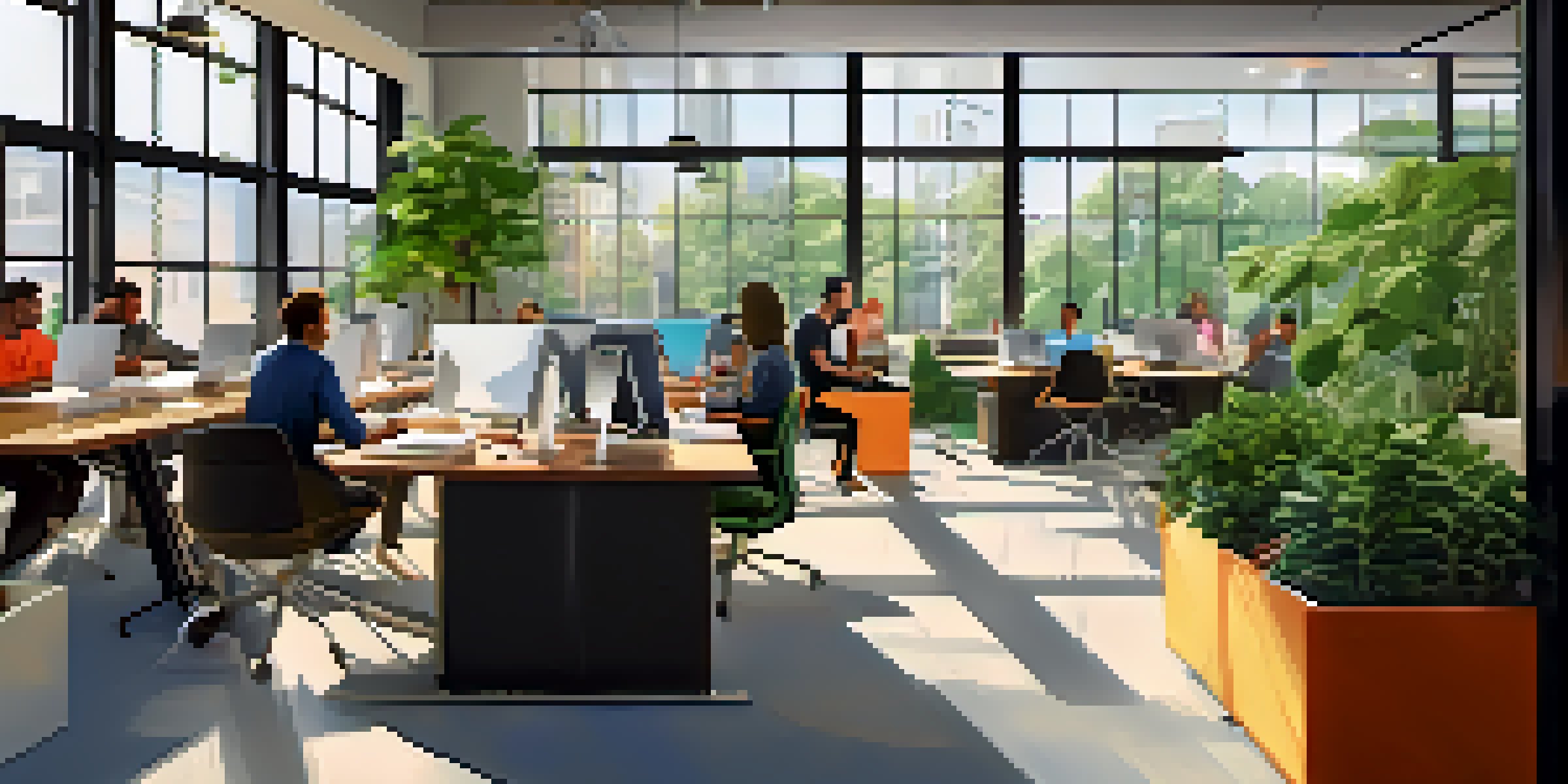A vibrant startup workspace with entrepreneurs working together, sunlight pouring in through windows, and a lively, colorful interior.